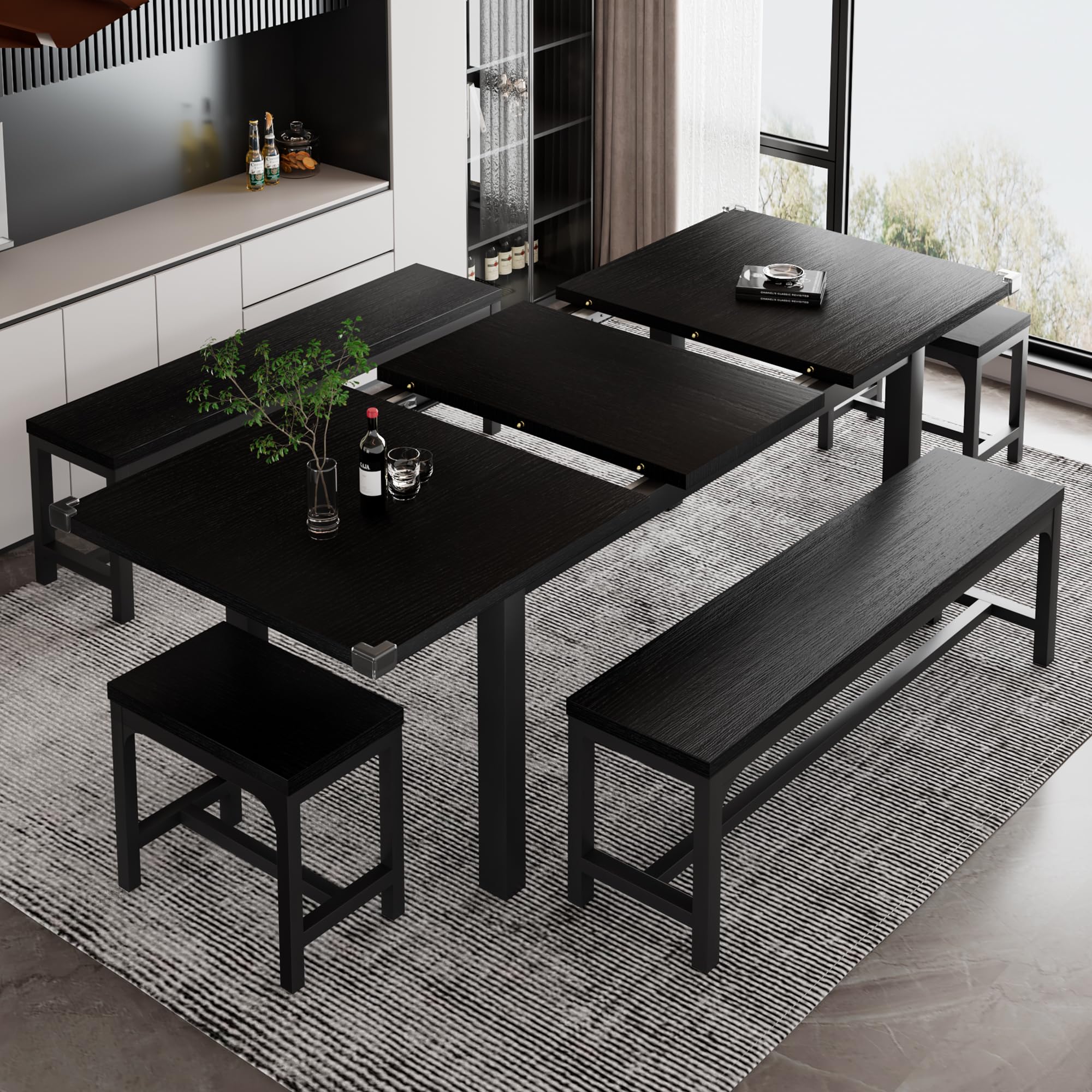 iPormis extendable dining table set with two benches and two square stools for 4-8 people in a stylish kitchen setting.