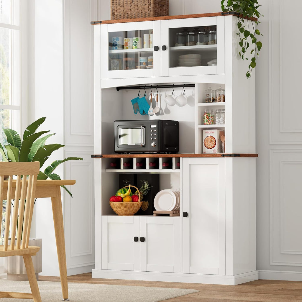71" tall Ipromis kitchen pantry cabinet with microwave stand, wine rack, glass doors, and adjustable shelves in farmhouse style.