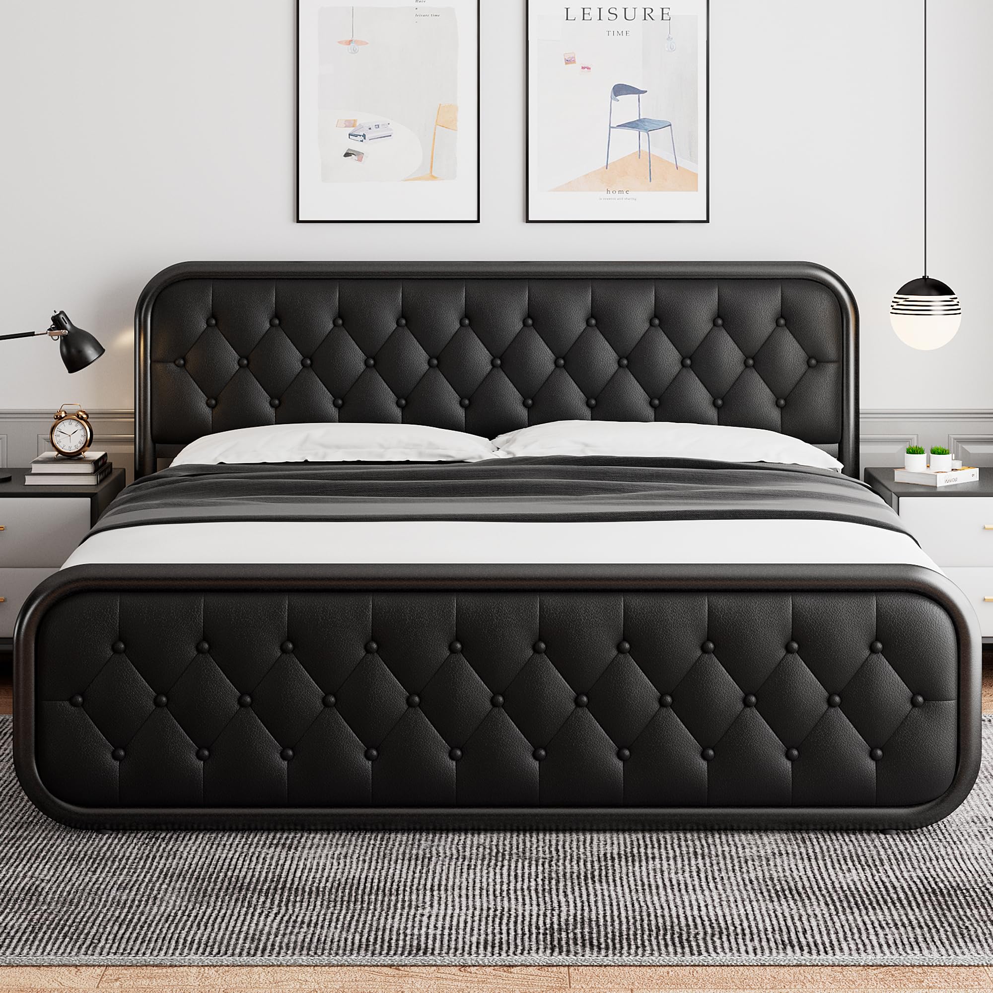 iPormis Queen Size Metal Bed Frame with Leather Headboard, Heavy-Duty Platform Bed Frame, Thicker Metal Steel Slats Support, 12'' Under-Bed Space, Noise-Free, Easy Assembly, Black