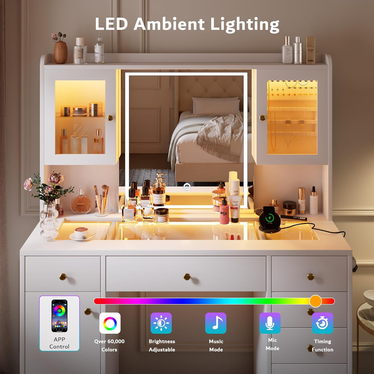 iPormis Vanity Desk with Mirror and Lights, Glass Top Makeup Vanity with RGB Light and Power Outlet, Dressing Table Mirror with 3 Lighting Colors, 7 Drawers, 3 Cabinets, White Vanity for Bedroom