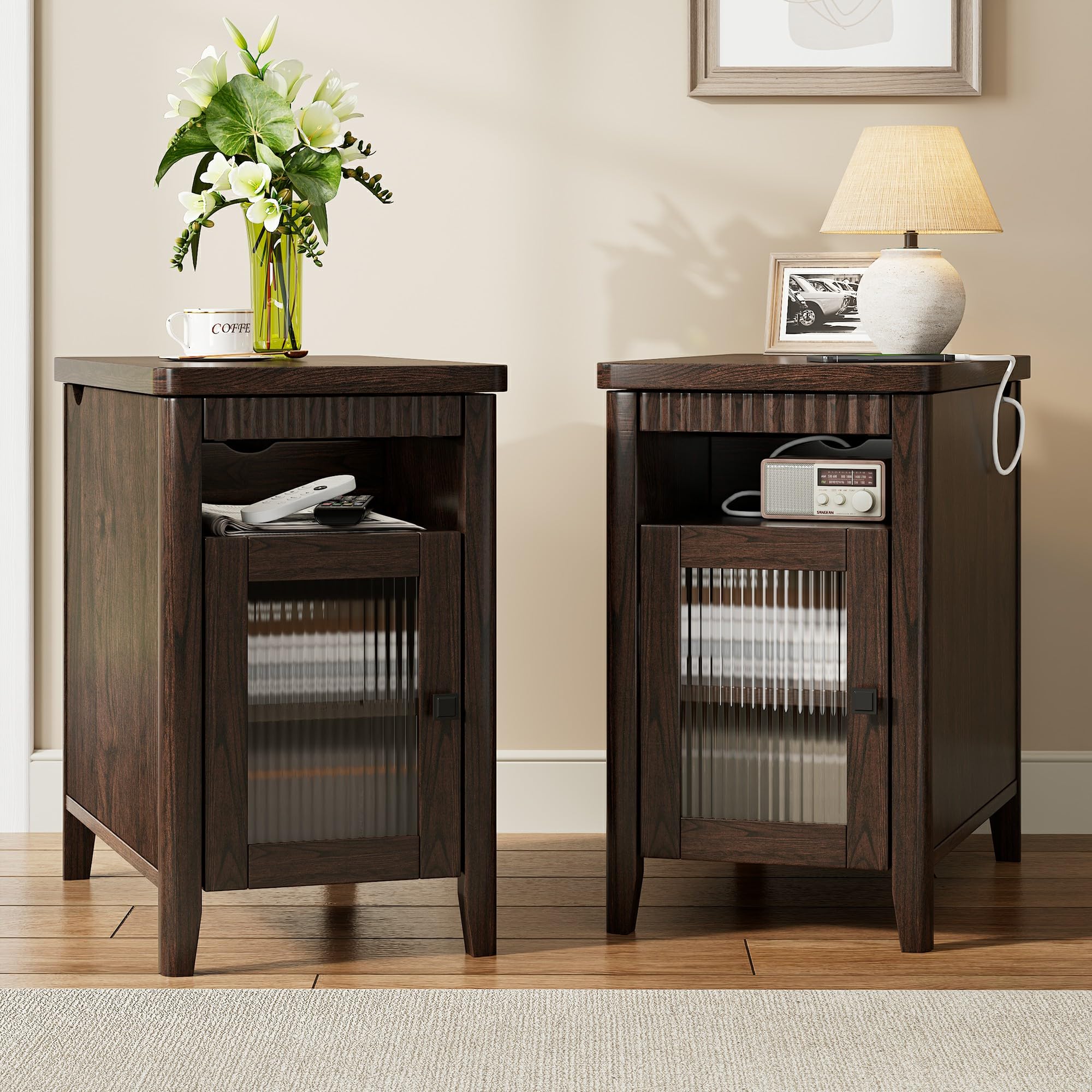 iPormis End Table with Charging Station, Narrow Side Table for Living Room, Farmhouse Night Stand with Storage Cabinet, Wood Bedside Table for Bedroom Small Space, Walnut