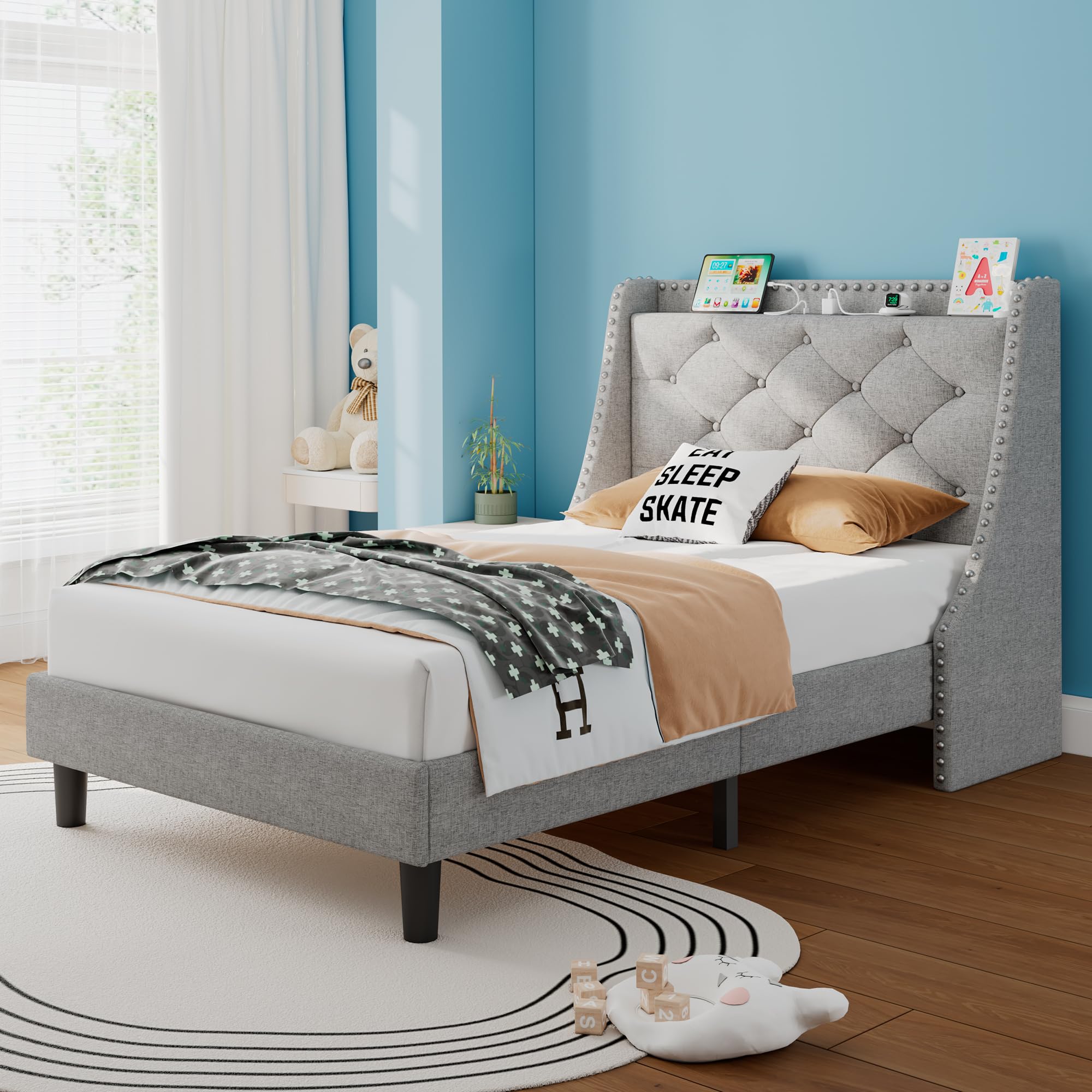 iPormis Full Bed Frame with 16" Comfort Wingback & Charging Station, Upholstered Platform Bed with Button Tufted Storage Headboard, Solid Wood Slats Support, No Box Spring Needed, Black