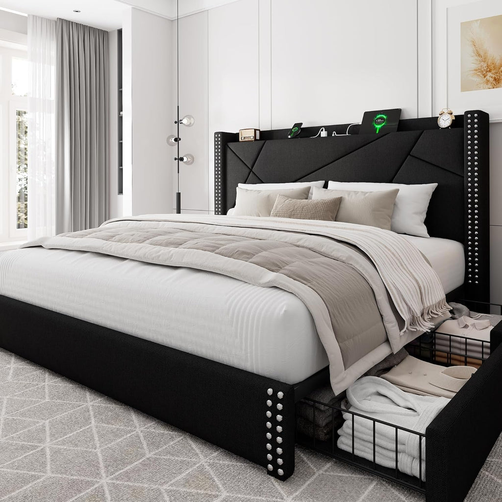 iPormis Full Size Bed Frame with 4 Storage Drawers, Upholstered Headboard Bed with Charging Station, Solid Wooden Slats Support, Easy Assembly, Black