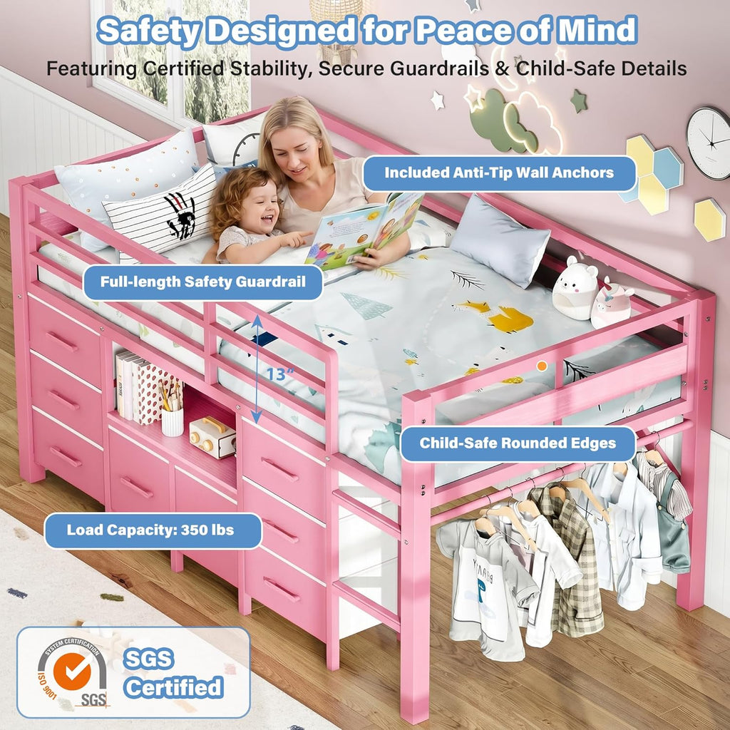 iPormis Low Loft Bed Twin Size with Bookcase, 8 Storage Drawers, Metal Kids Loft Bed with 13 Inch H Safety Guardrail, Play Curtain, Under-Bed Play Space - Pink
