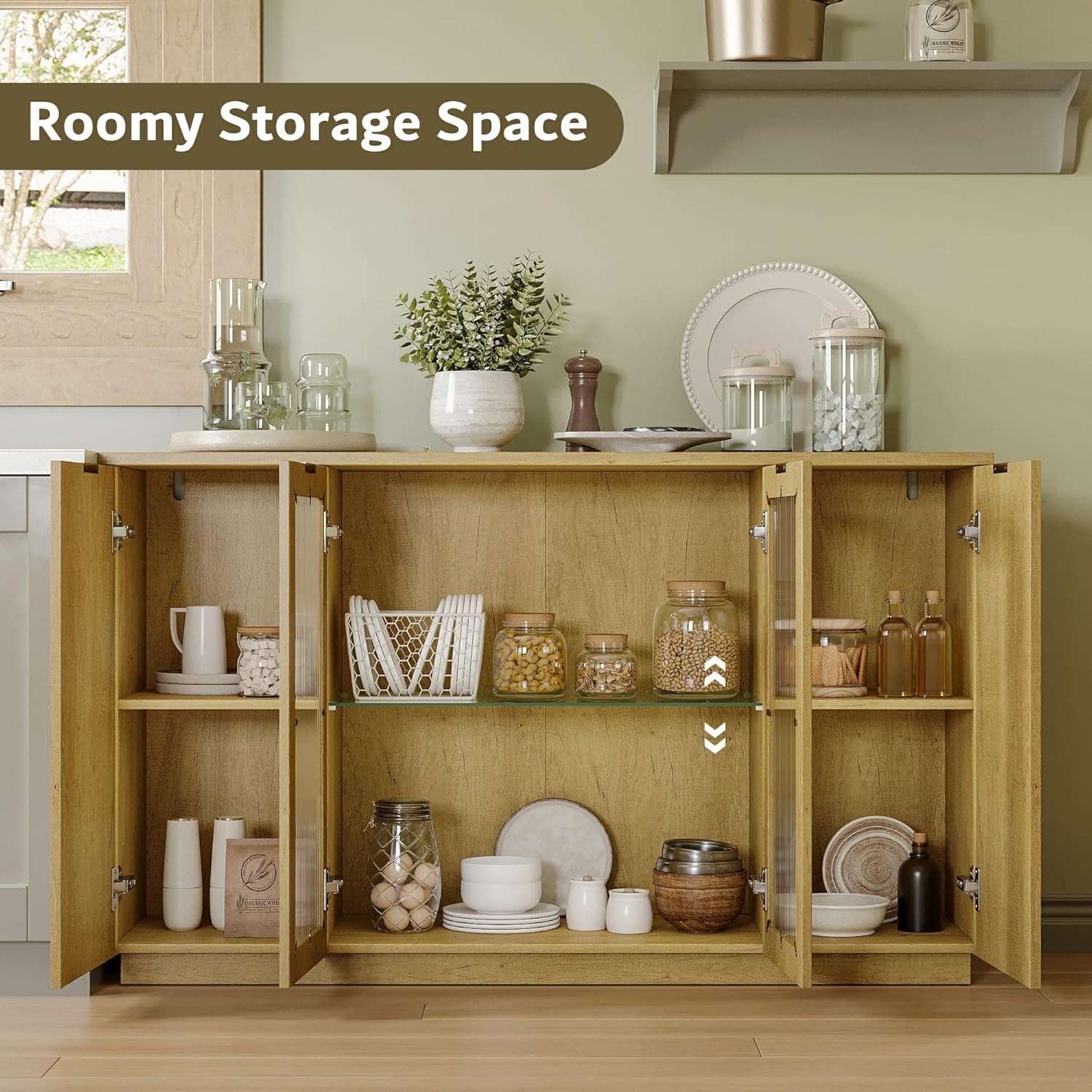 iPormis Sideboard Buffet Cabinet with Glass Doors & LED Lights, Fluted Credenza Storage Cabinet with Adjustable Shelves, 55" Modern Wood Coffee Bar for Kitchen Room Living Room Natural Oak