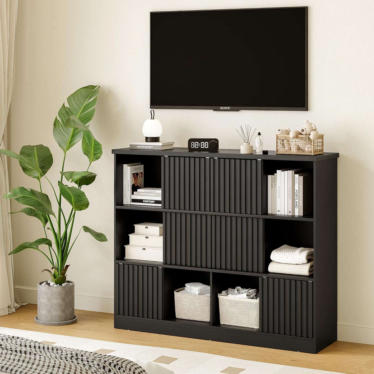 iPormis 12 Cube Bookshelf with Sliding Doors, Wooden Bookcase Storage Cabinet, Freestanding Cube Shelf Organizer for Books Decor in Living Room Bedroom Office, Black