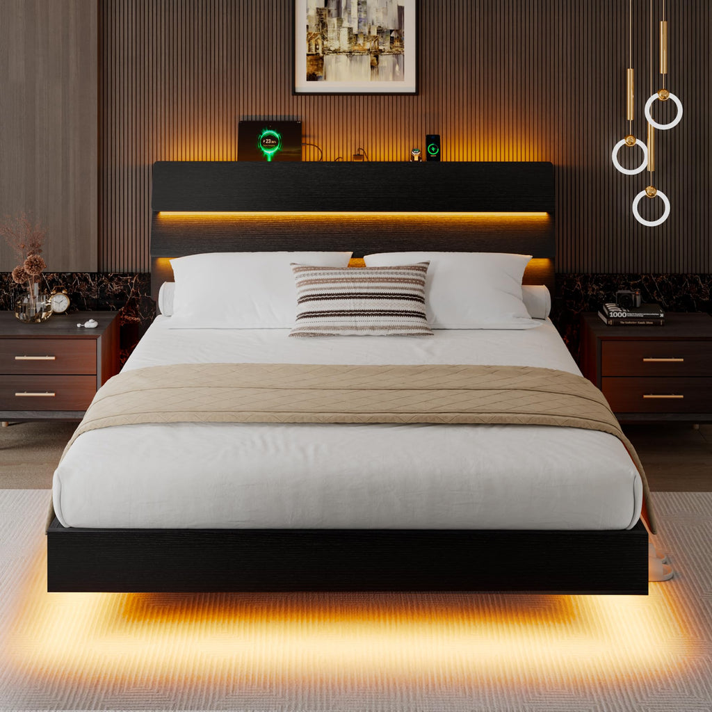 iPormis Floating Twin Size Bed Frame with LED Lights & Charging Station, Platform Bed with Wooden Storage Headboard, Heavy Duty Slats Support, No Box Spring Needed, Easy Assembly, Noise-Free, Black