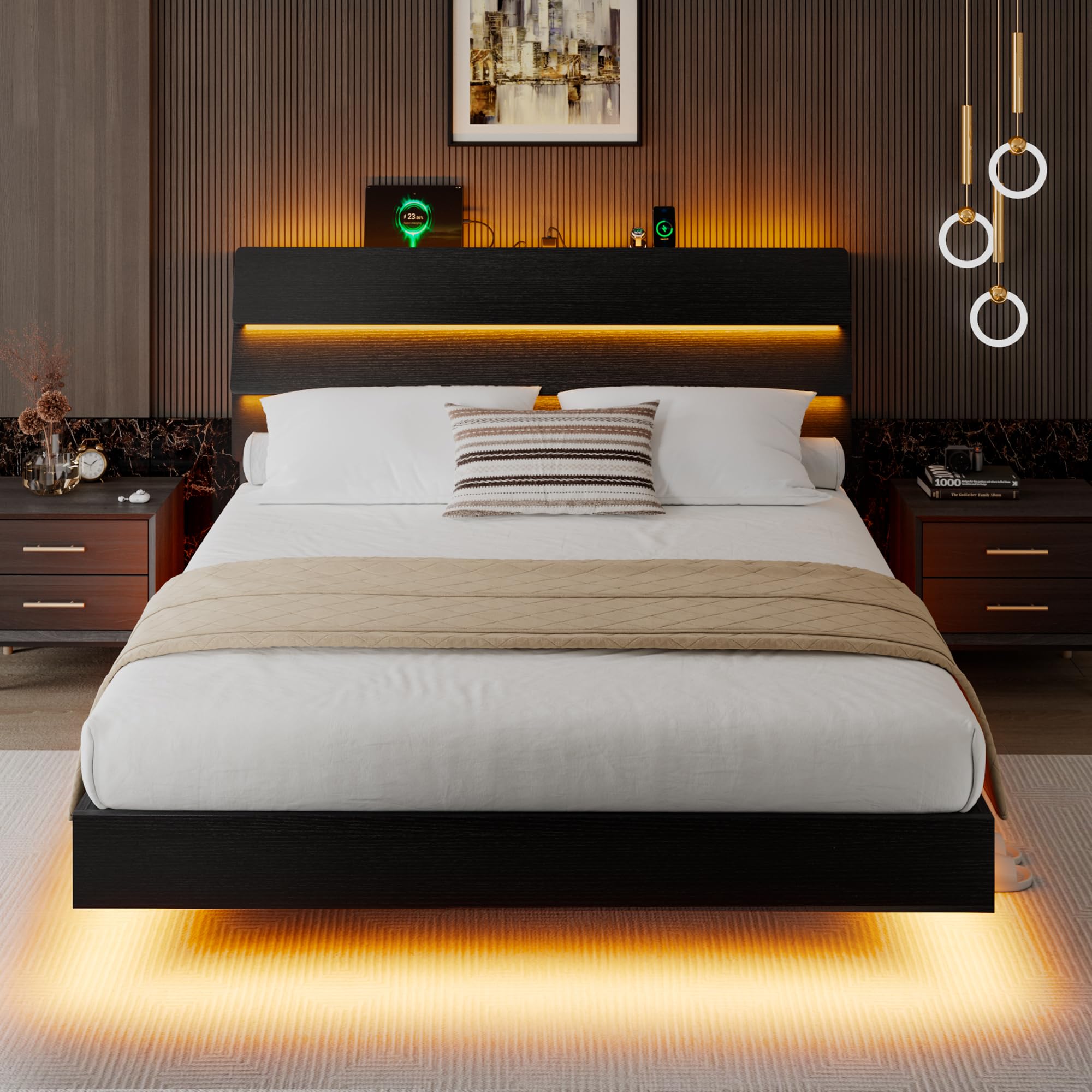iPormis Floating Twin Size Bed Frame with LED Lights & Charging Station, Platform Bed with Wooden Storage Headboard, Heavy Duty Slats Support, No Box Spring Needed, Easy Assembly, Noise-Free, Black