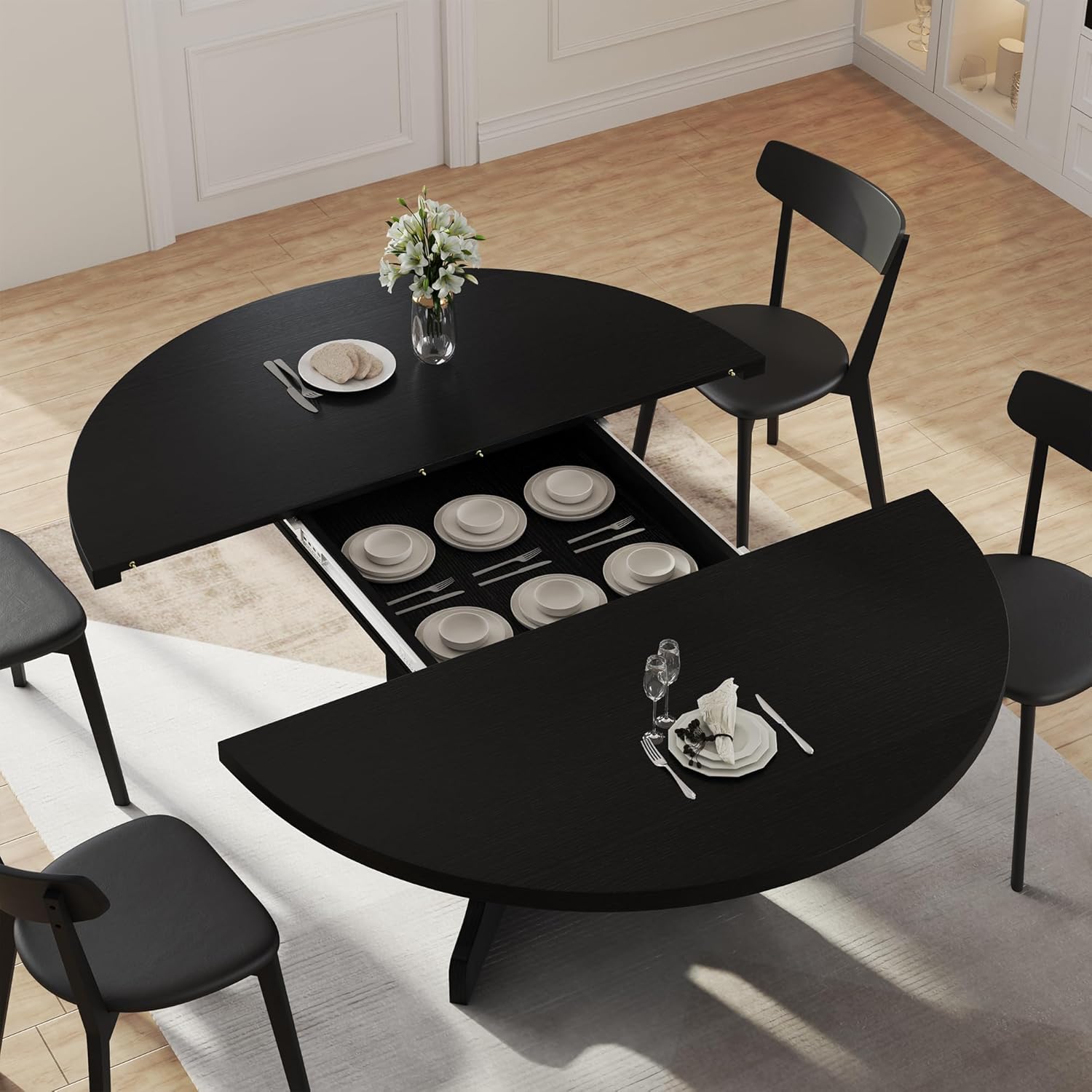 Modern iPormis 59" round dining table with wooden top and heavy-duty pedestal base, seating 4-6 in a kitchen setting.