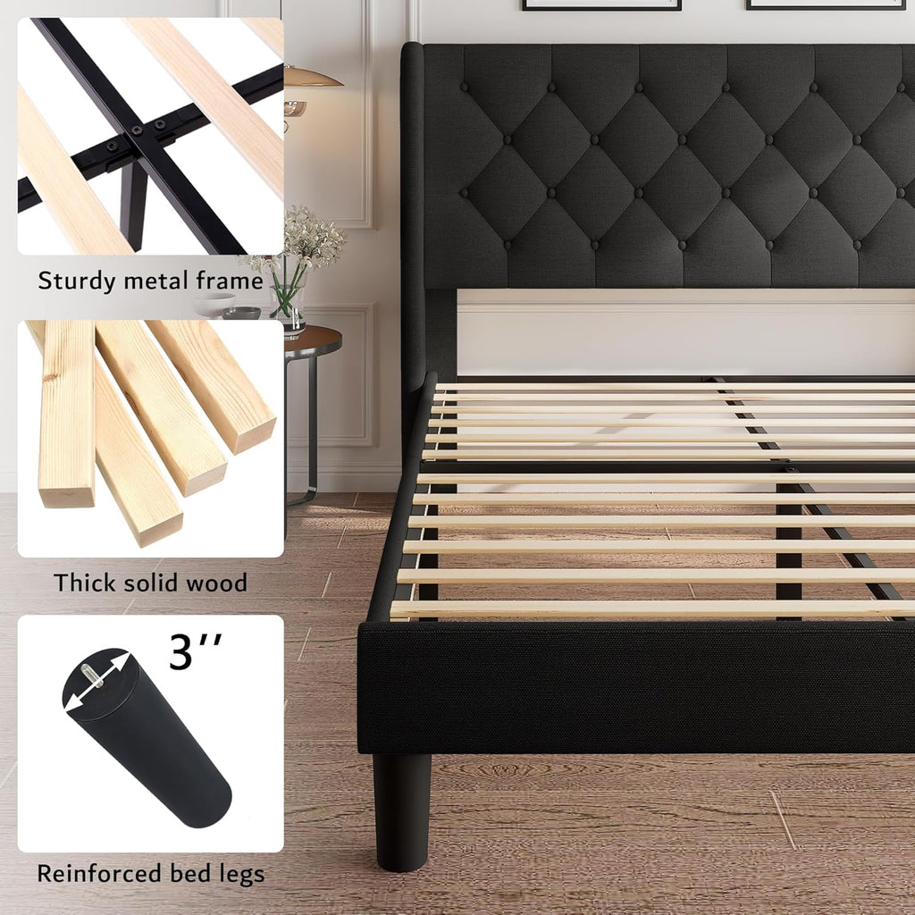 iPormis Queen Size Platform Bed Frame with Button Tufted Headboard, Upholstered Bed Frame with Solid Wooden Slats, 8" Underbed Space, No Box Spring Needed, Noise Free, Easy Assembly, Black