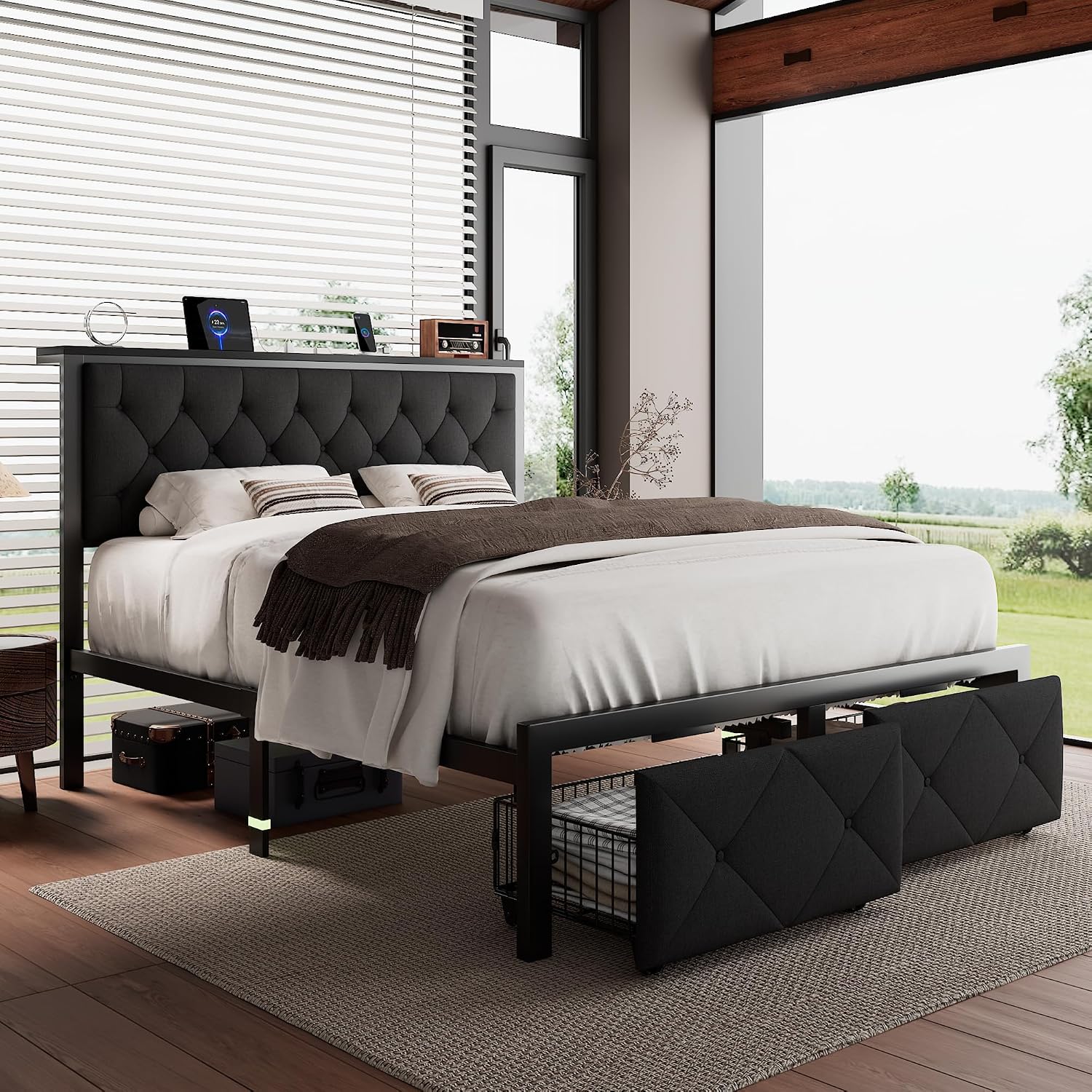 iPormis Full Bed Frame with 2 Storage Drawers, Linen Upholstered Headboard Platform Bed with Charging Station, No Box Spring Needed, Metal Slats Support, Noise-Free, Easy Assembly, Black
