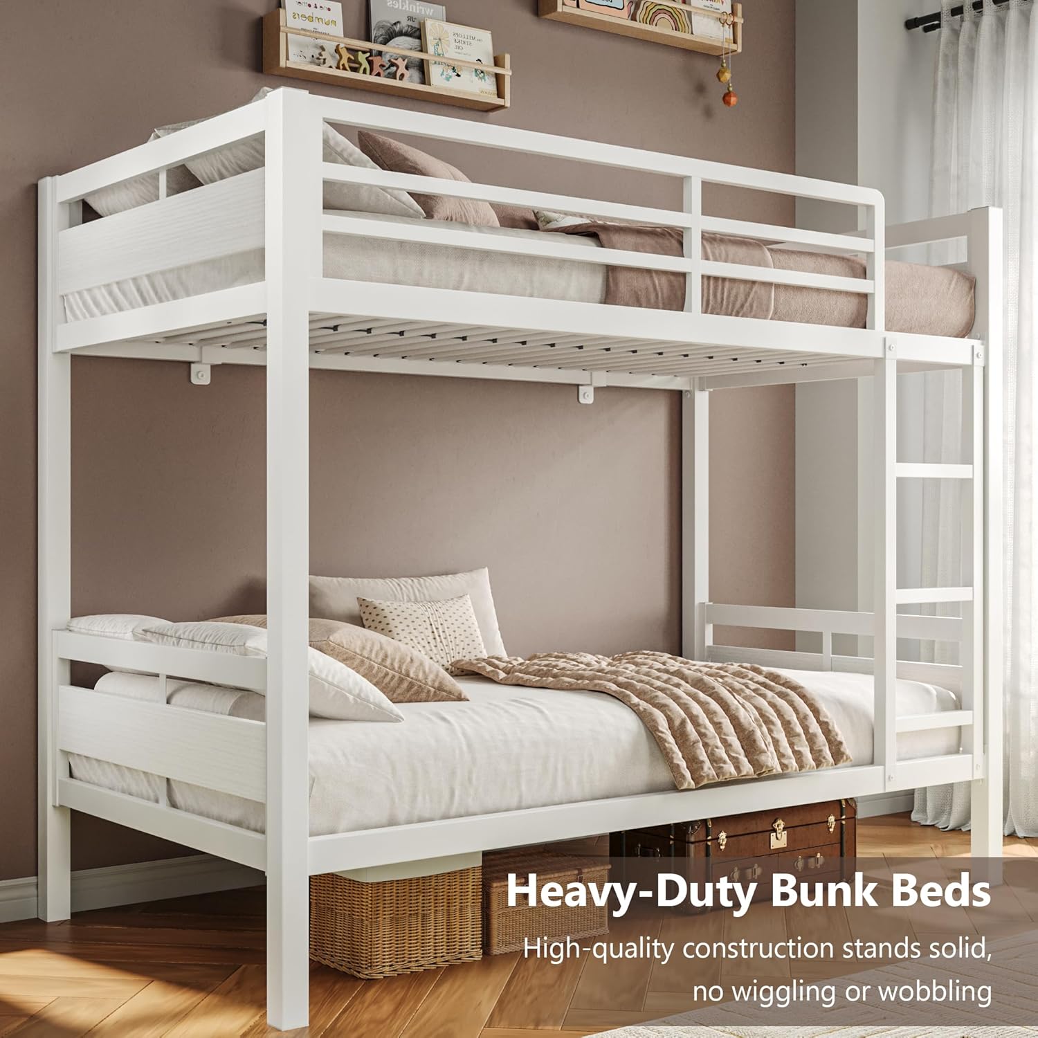 iPormis Metal Bunk Bed Twin Over Twin, Heavy Duty Bunk with High Guardrail and Safety Entrance Design, Under-Bed Storage Space, Easy Assembly, Noise Free, White