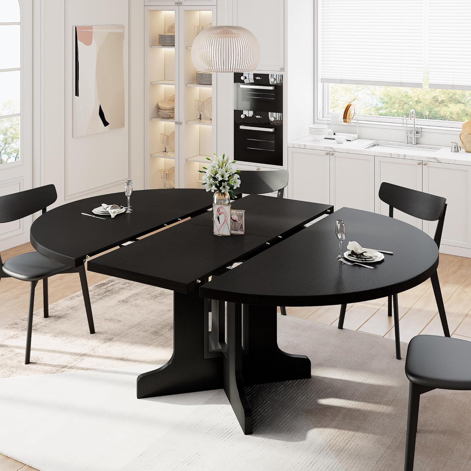 Modern iPormis 59" extendable round dining table with a wooden top and heavy-duty pedestal base for 4-6 people.