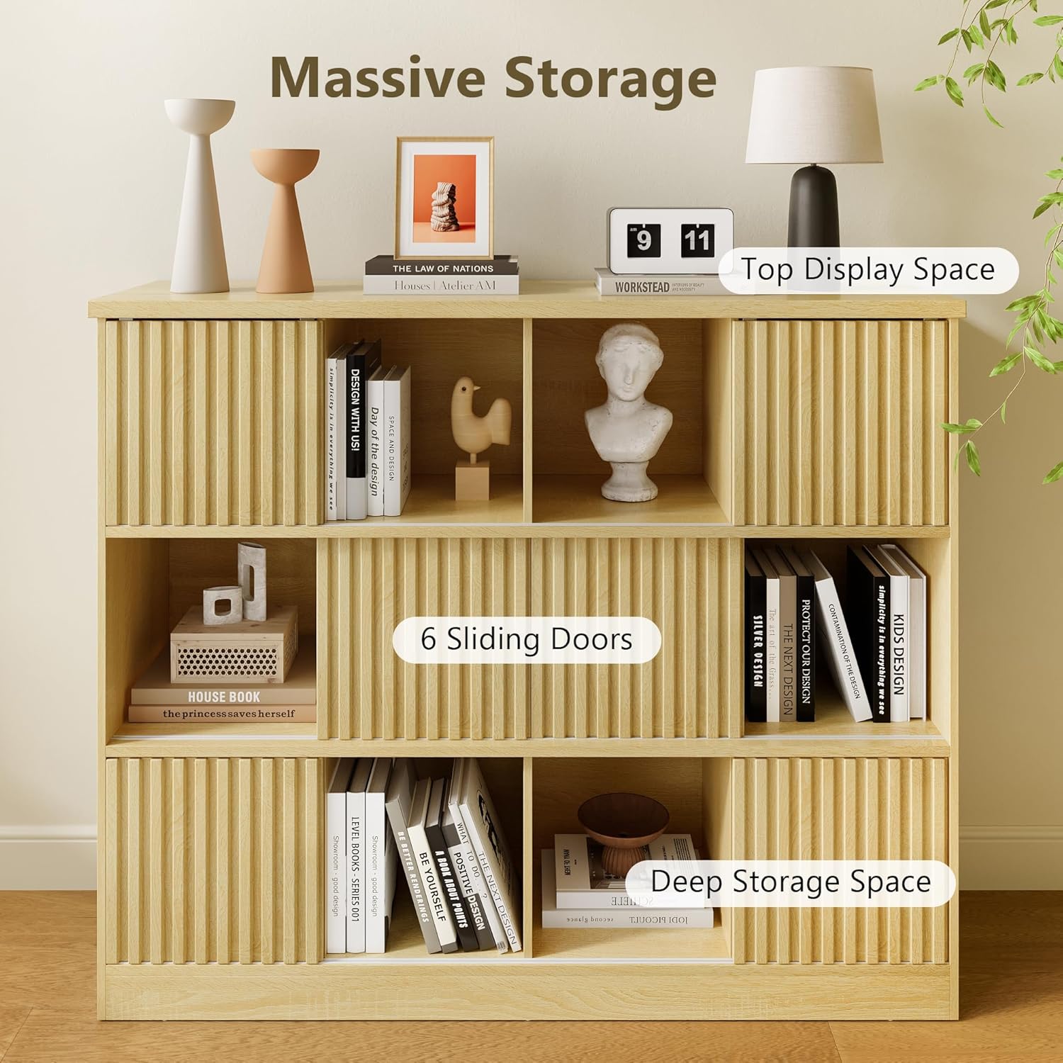 iPormis 12 Cube Storage Organizer with 6 fluted sliding doors in oak finish, showcasing stylish and functional bookcase design.