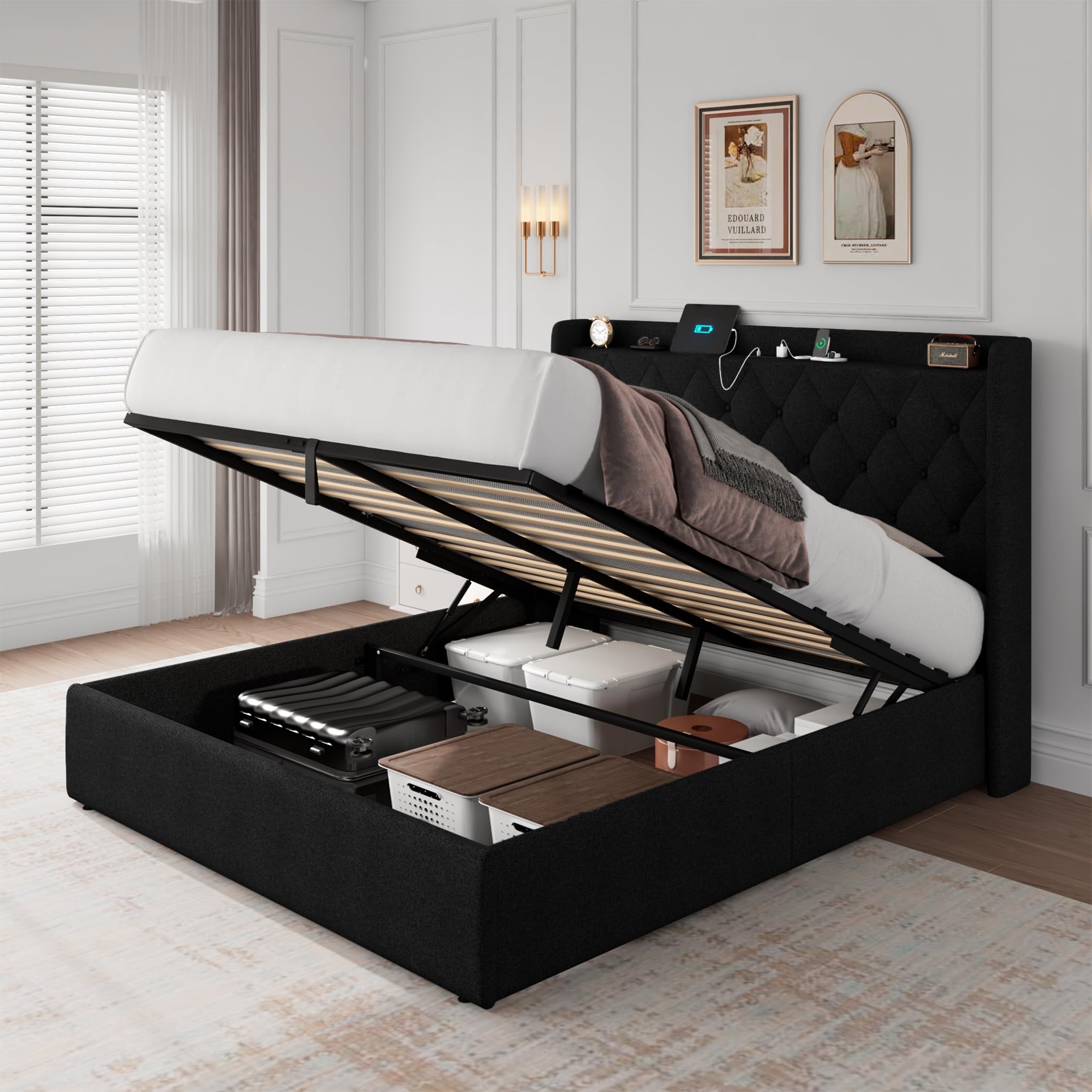 iPormis Queen Size Lift Up Storage Bed Frame with Charging Station, Upholstered Platform Bed Frame with Tufted Headboard, Hydraulic Storage, No Box Spring Needed, Noise-Free, Easy Assembly, Beige