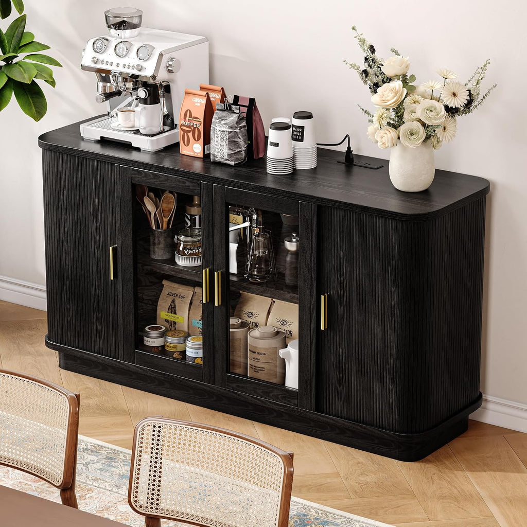 iPormis 63" Sideboard Buffet Cabinet with Storage, Modern Fluted Accent Cabinet with Sliding Doors, Adjustable Shelves, Wood Coffee Bar Console Table for Kitchen, Dining Room, Hallway, Black