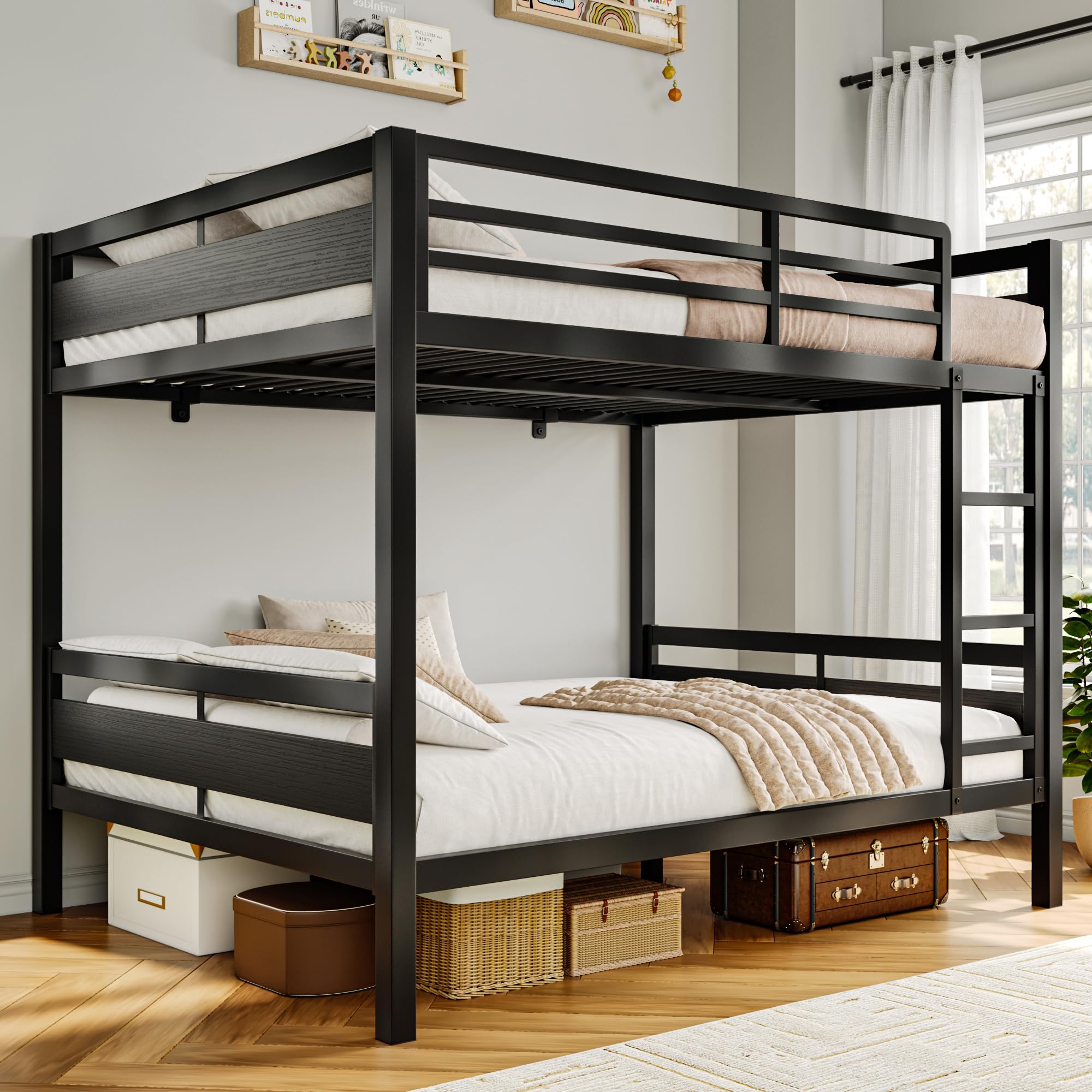iPormis Metal Bunk Bed Twin Over Full, Heavy Duty Bunk with High Guardrail and Safety Entrance Design, Under-Bed Storage Space, Easy Assembly, Noise Free, Black