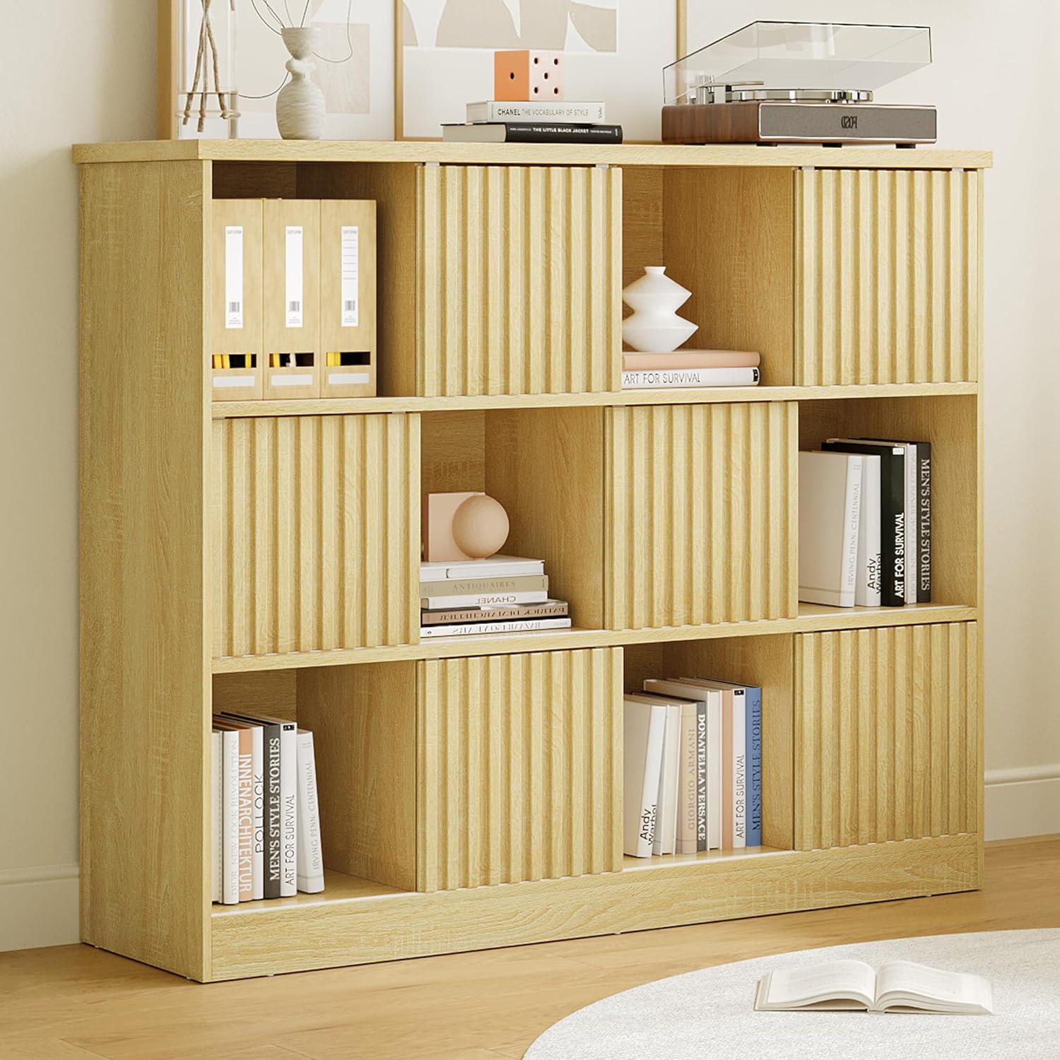iPormis bookcase with 12 cube storage and 6 fluted sliding doors in oak finish, showcasing a modern organizational design.