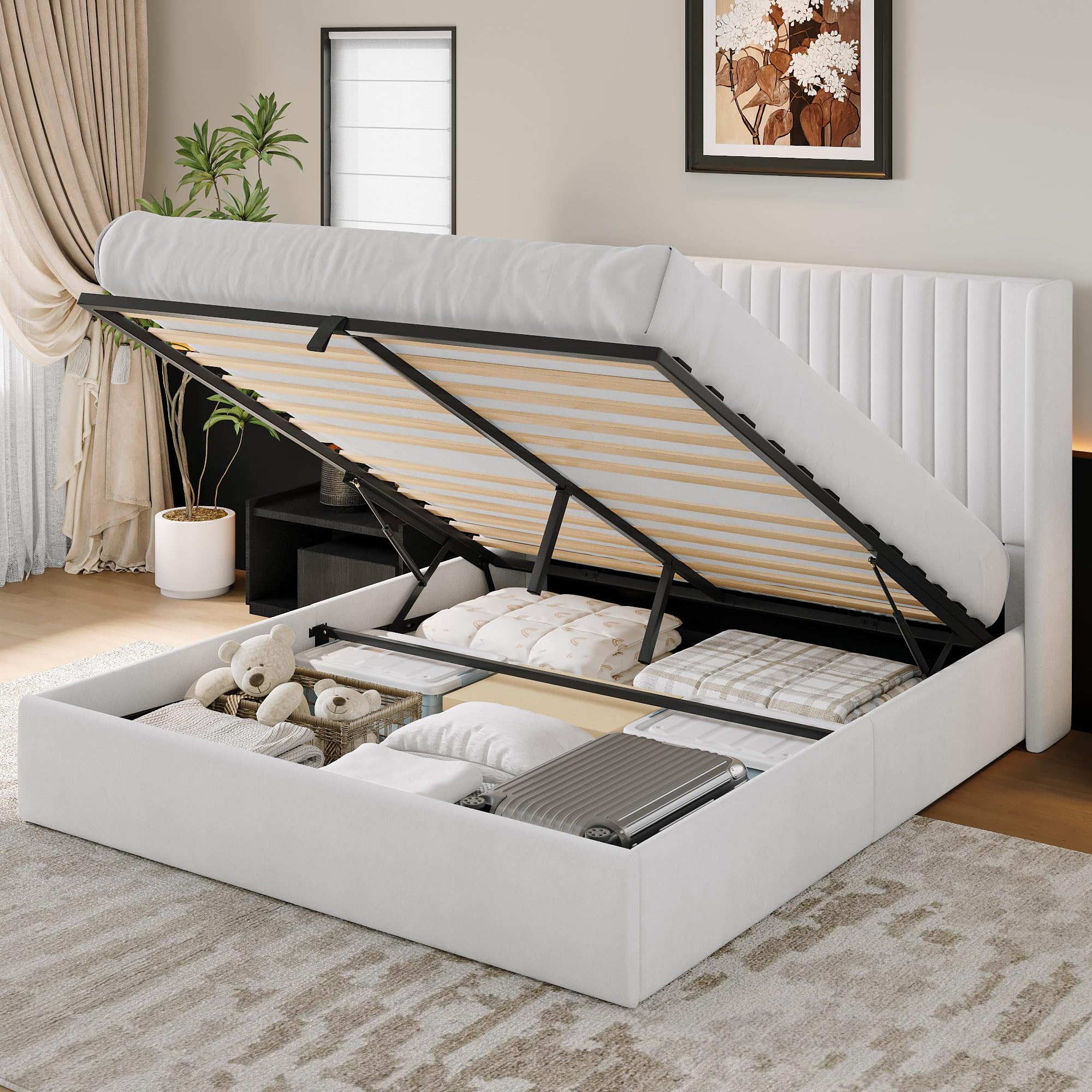 iPormis Full Size Lift up Storage Bed Frame with Wingback Headboard, Modern Linen Upholstered Platform Bedframe with Hydraulic Lifts, Sturdy Wood Slats, Easy Assembly, Beige