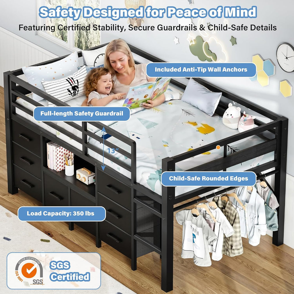 iPormis Low Loft Bed Twin Size with Bookcase, 8 Storage Drawers, Metal Kids Loft Bed with 13 Inch H Safety Guardrail, Play Curtain, Under-Bed Play Space - Black