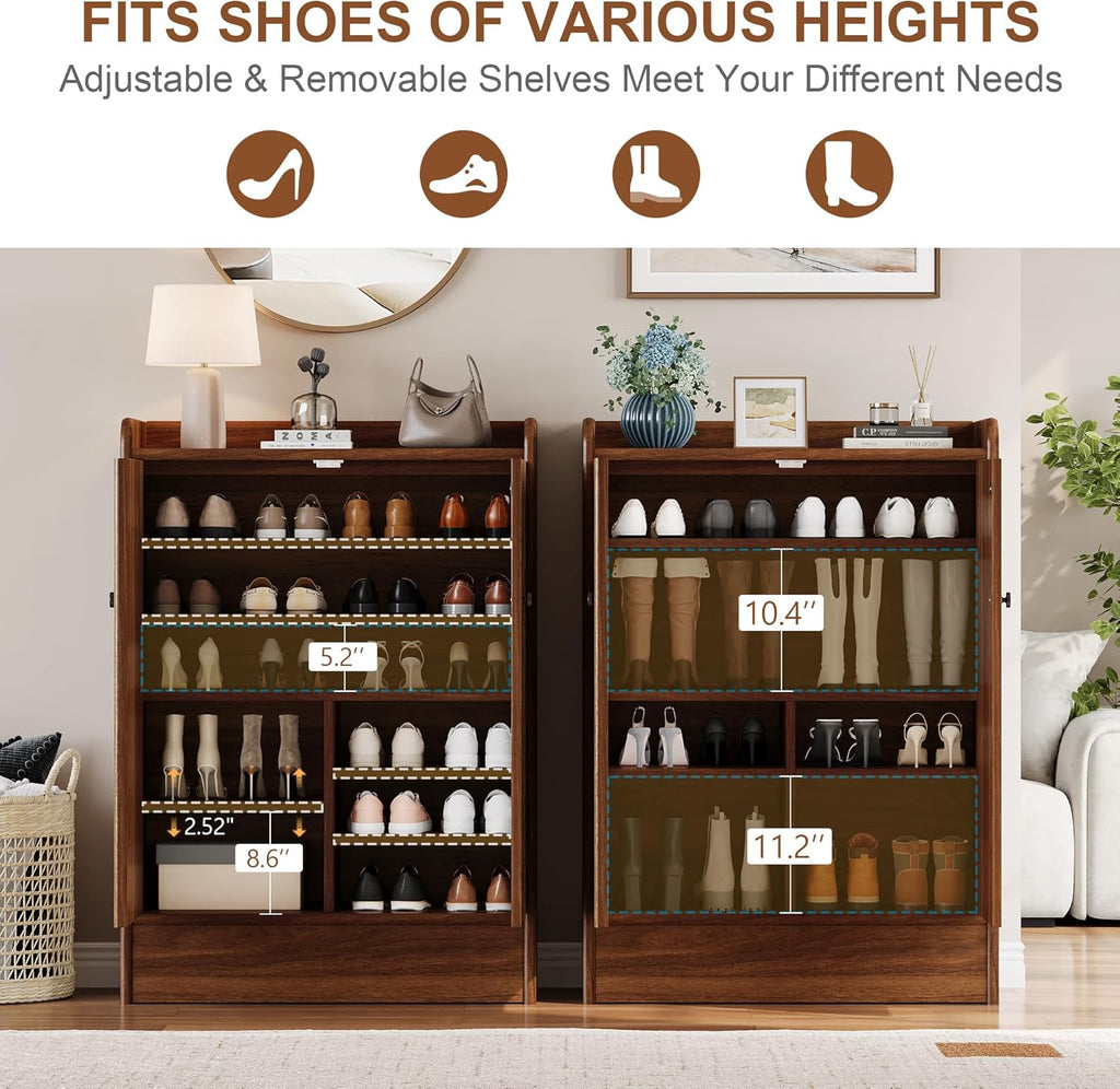 iPormis 6-Tier Shoe Cabinet with Drawer, 47” Tall Large Shoe Storage Cabinet with Doors & Adjustable Shelves, Freestanding Wooden Shoe Rack Organizer Cabinet for Entryway Hallway, Walnut Brown