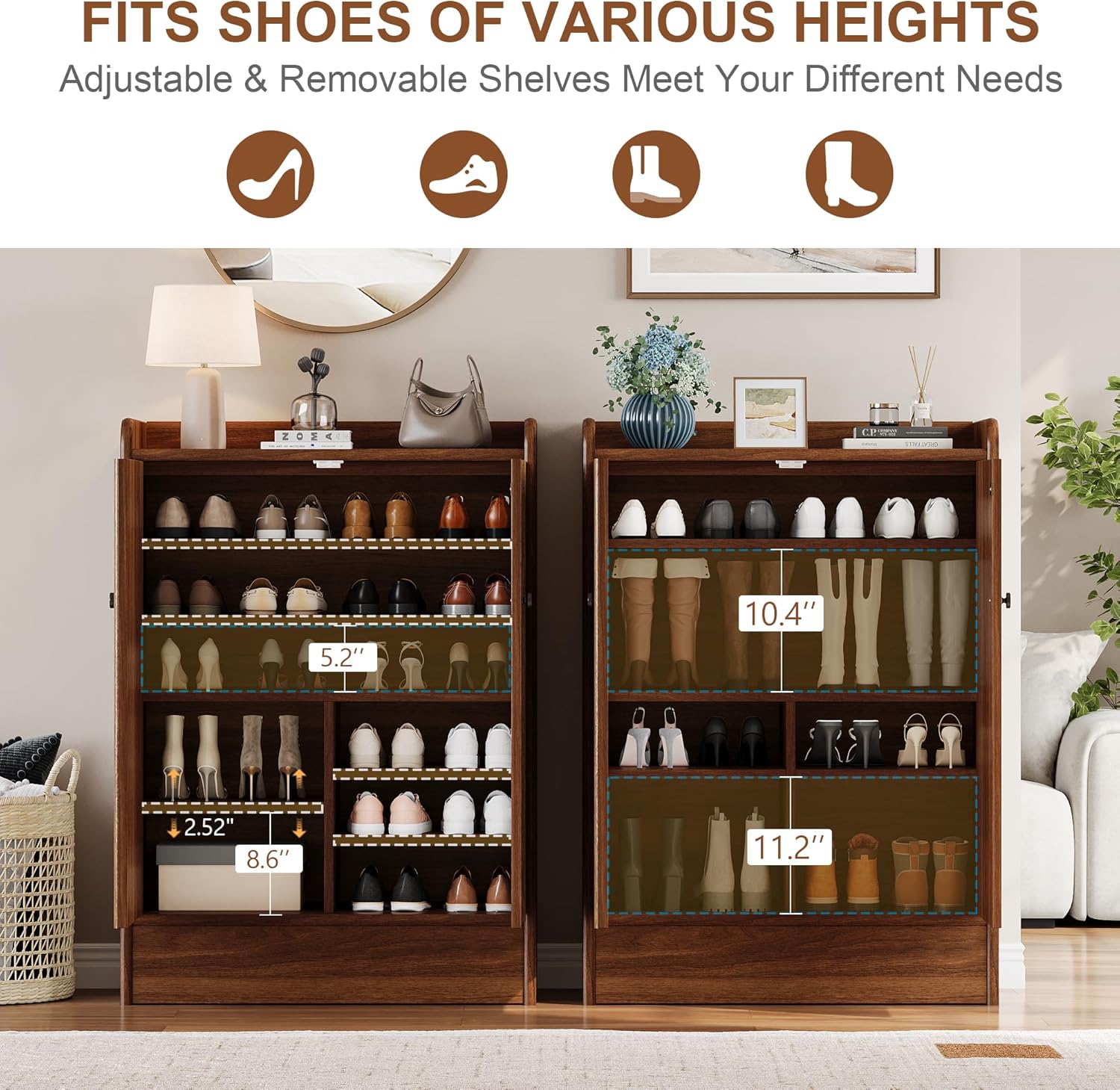 iPormis 6-Tier Shoe Cabinet with Drawer, 47” Tall Large Shoe Storage Cabinet with Doors & Adjustable Shelves, Freestanding Wooden Shoe Rack Organizer Cabinet for Entryway Hallway, Walnut Brown