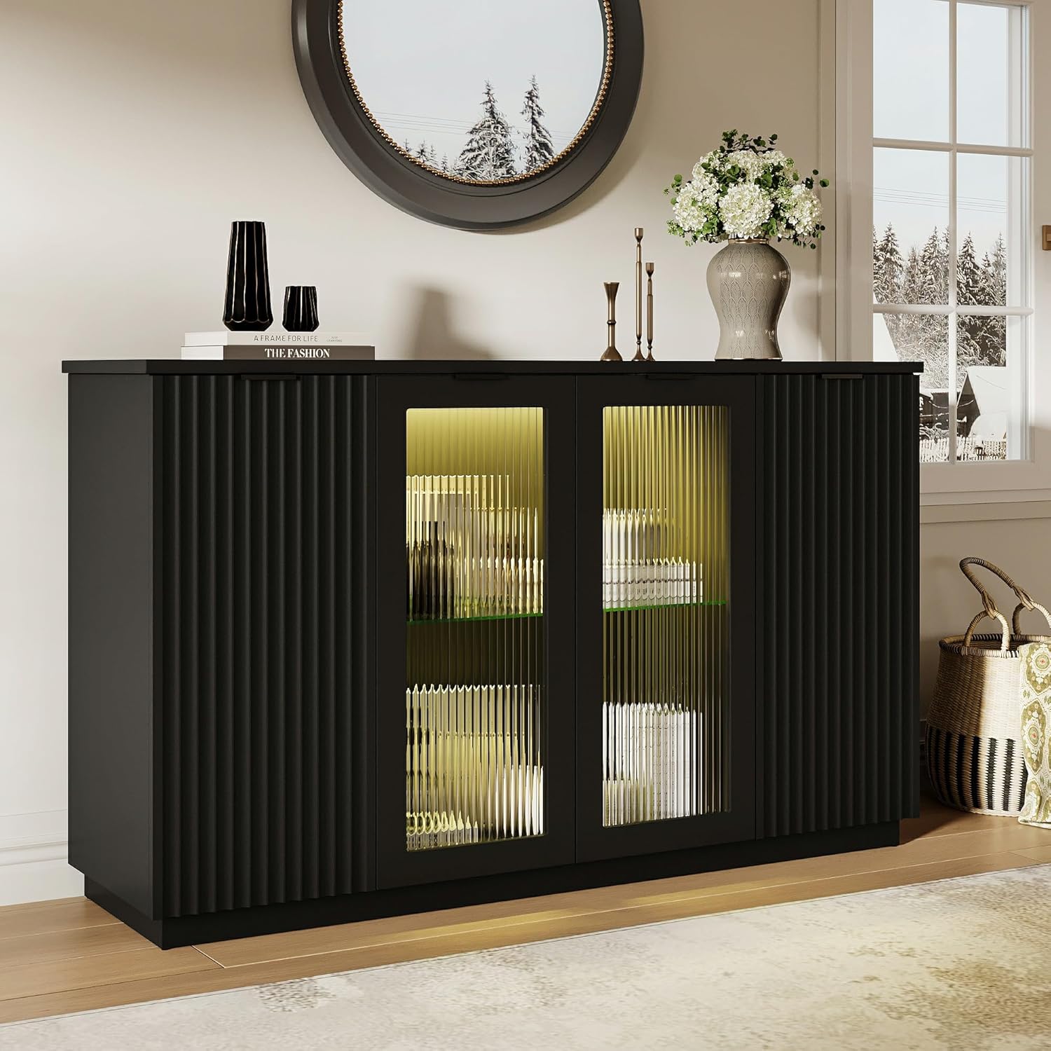 iPormis Sideboard Buffet Cabinet with Glass Doors & LED Lights, Fluted Credenza Storage Cabinet with Adjustable Shelves, 55" Modern Wood Coffee Bar for Kitchen Room Living Room Black