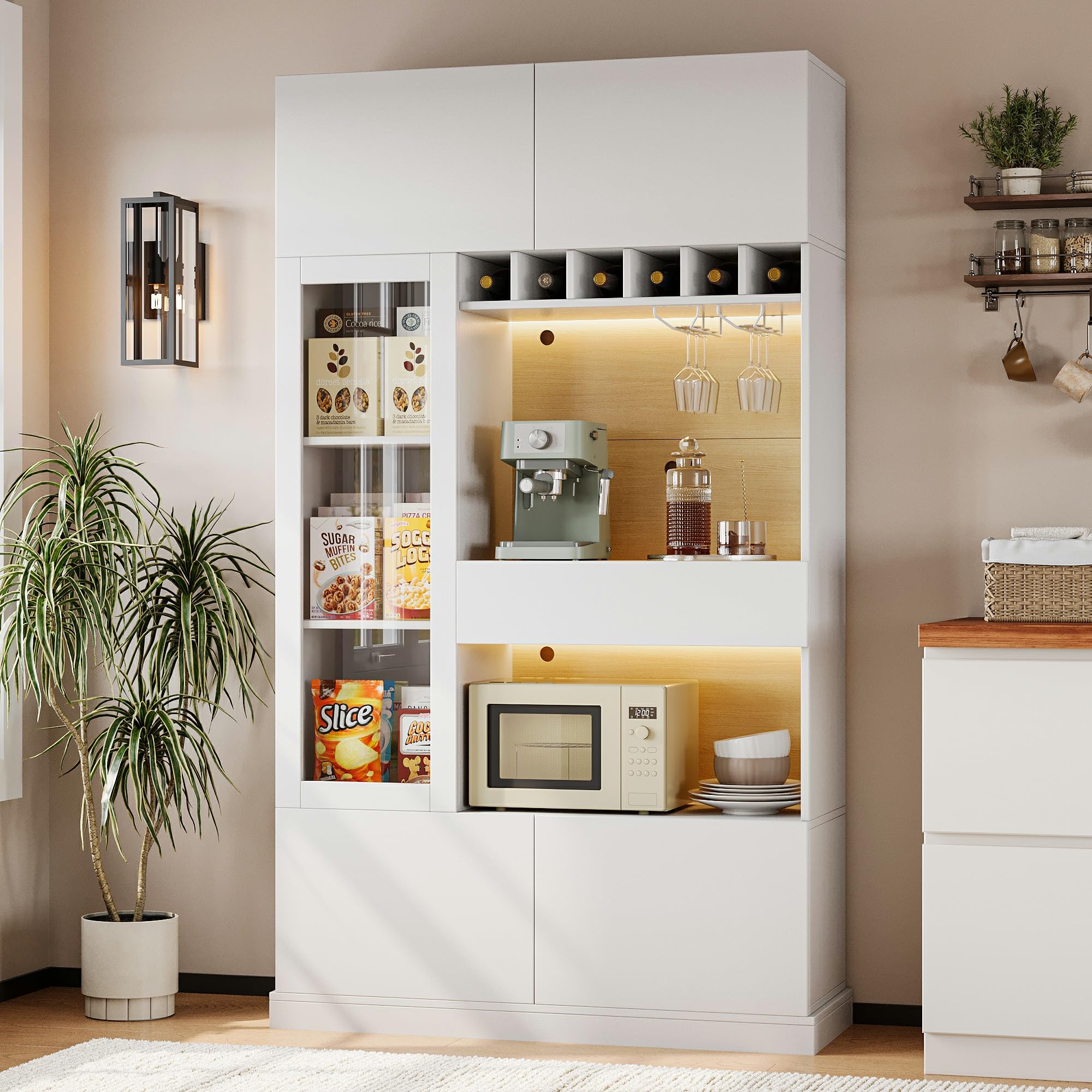 iPormis 69" Tall Kitchen Pantry Storage Cabinet with LED Lights & Microwave Stand & Wine Rack, Kitchen Hutch with Door Shelves & Adjustable Shelf & Drawers & Charge Station for Living Room, Black