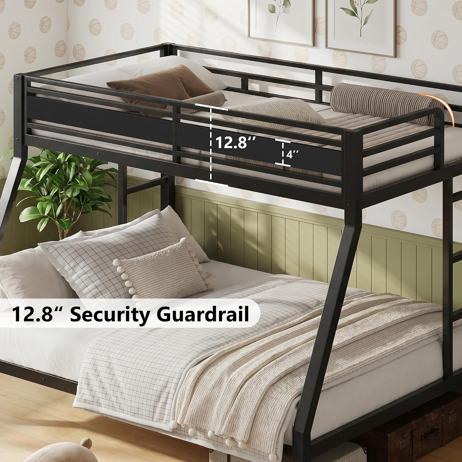 iPormis Heavy Duty Twin Over Full Bunk Beds, Metal Twin Bunk Bed Frame with 12.8" Guardrails, Loft Bed Frame for Kids and Teens, Reversible Ladder, Under Bed Storage Space, No Box Spring Needed, Black