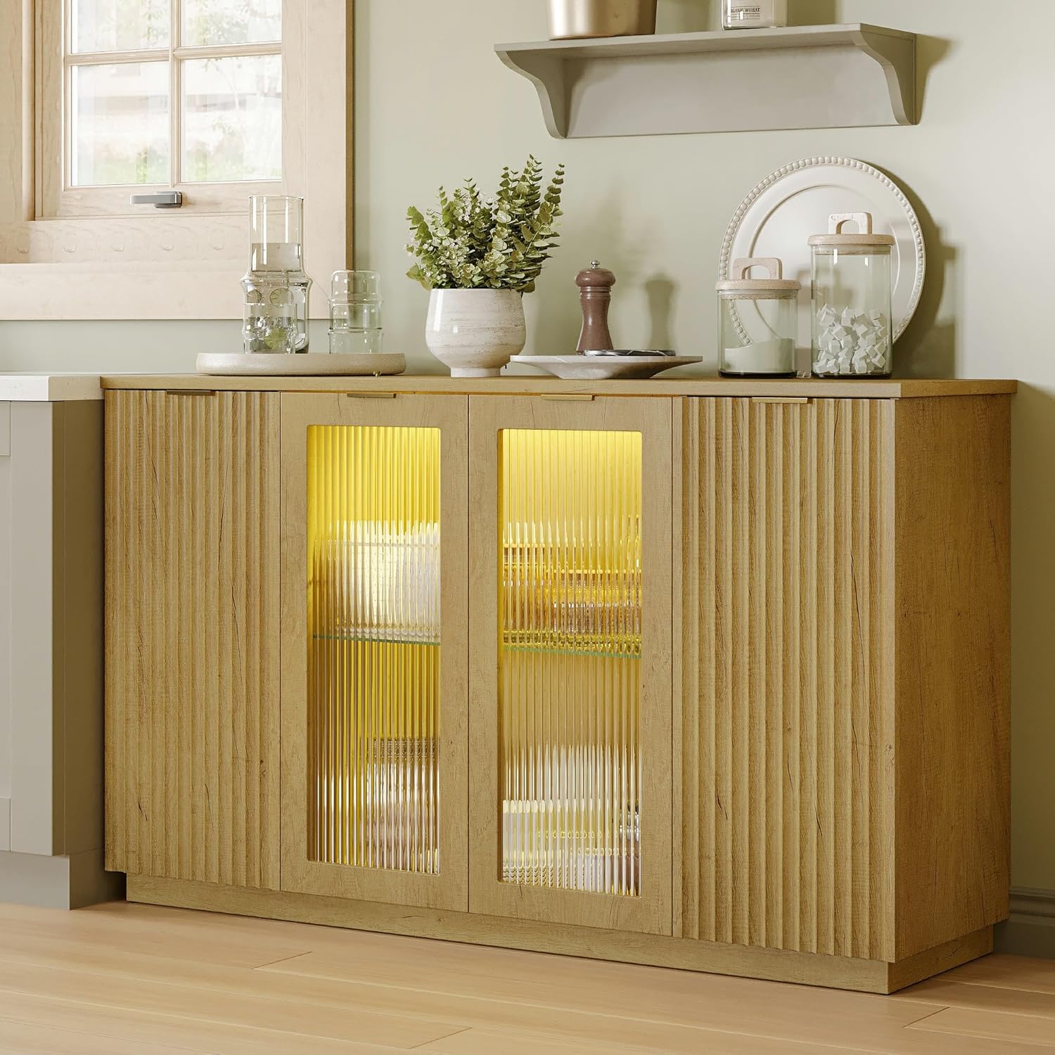 iPormis Sideboard Buffet Cabinet with Glass Doors & LED Lights, Fluted Credenza Storage Cabinet with Adjustable Shelves, 55" Modern Wood Coffee Bar for Kitchen Room Living Room Natural Oak