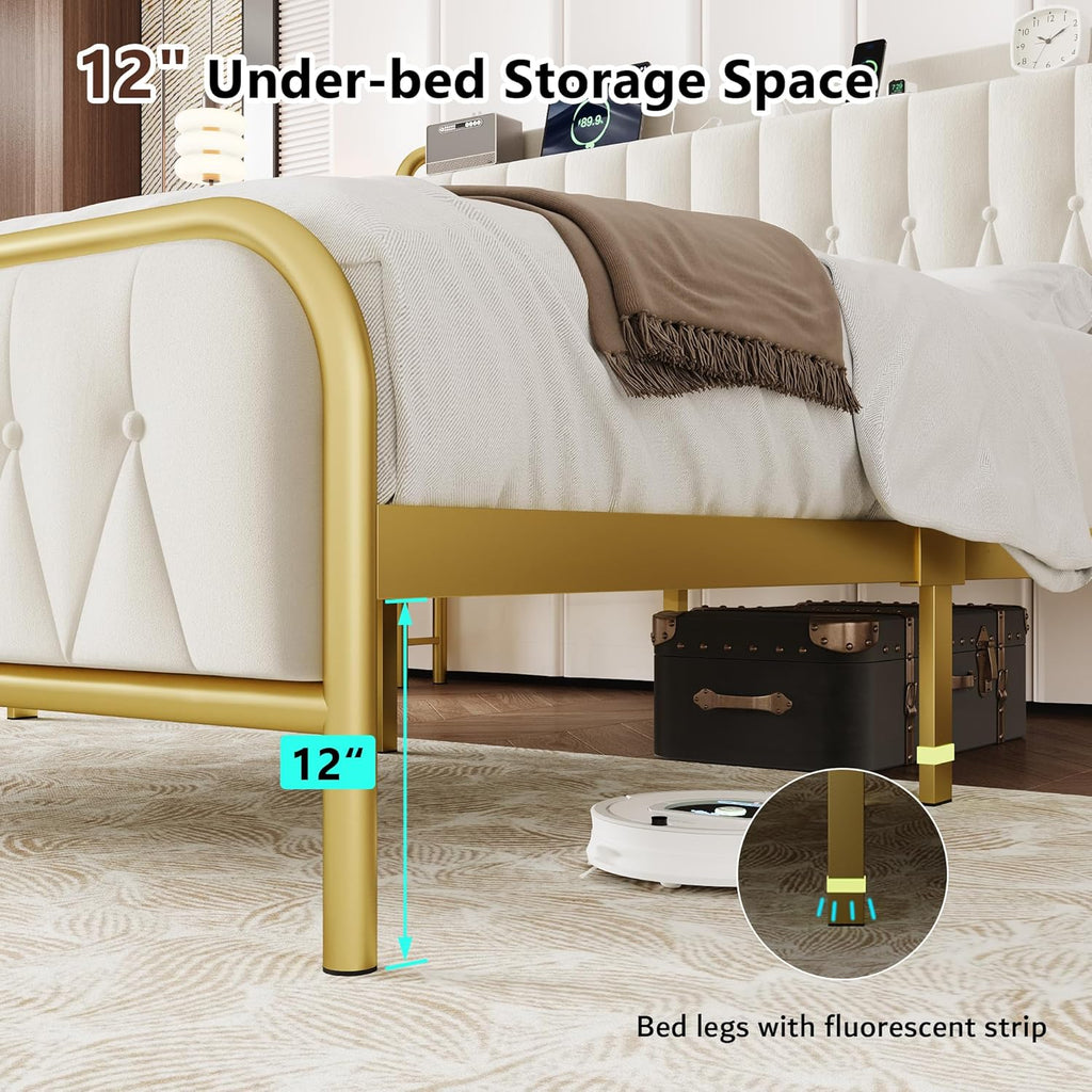 iPormis Metal Bed Frame Queen Size with Charging Station, Velvet Upholstered Headboard and Footboard, Heavy Duty Steel Support, 12" Under Bed Storage, No Box Spring Needed, Easy Assembly, Beige