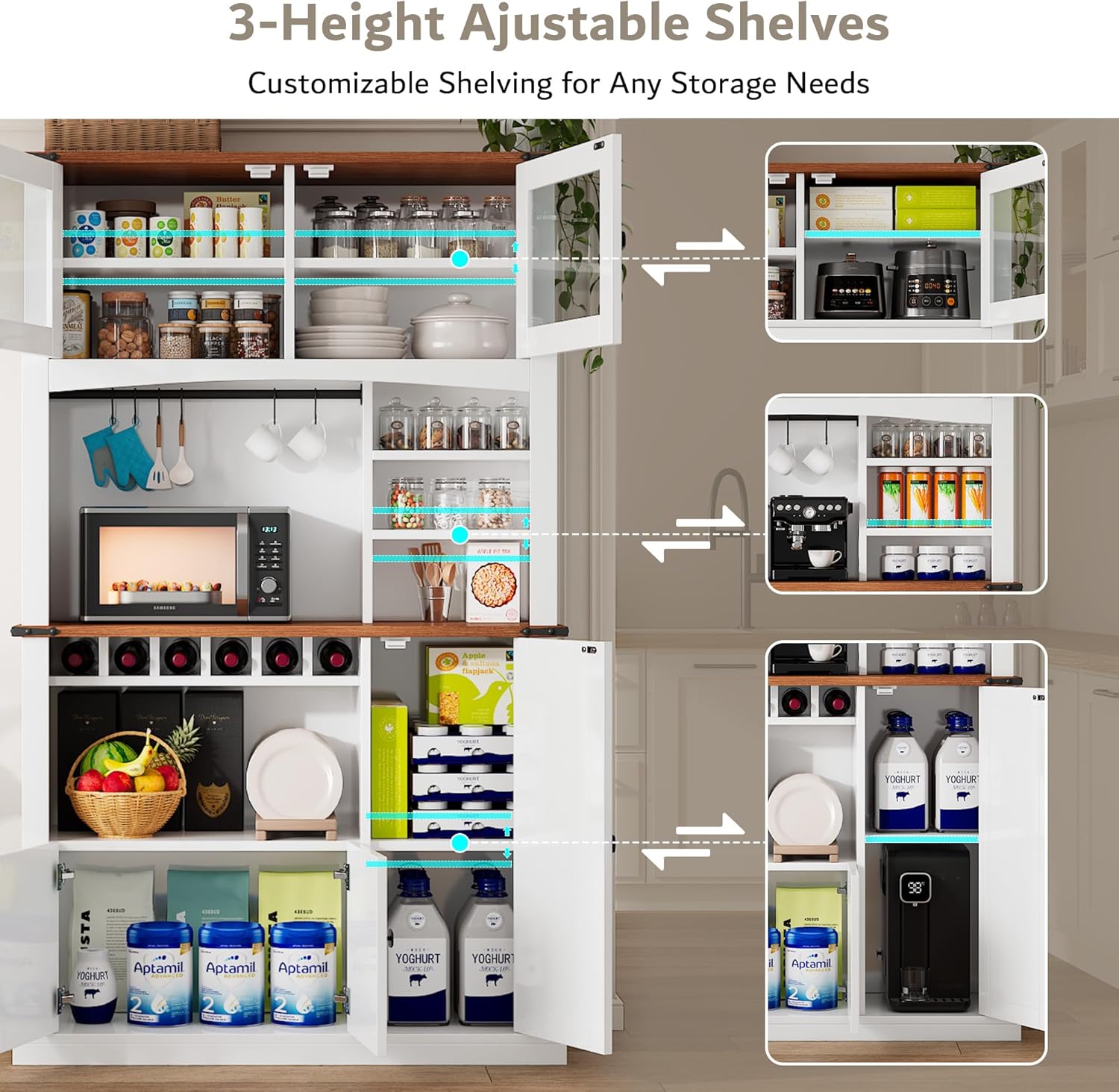 71" tall Ipromis kitchen pantry cabinet with microwave stand, wine rack, glass doors, and adjustable shelves.