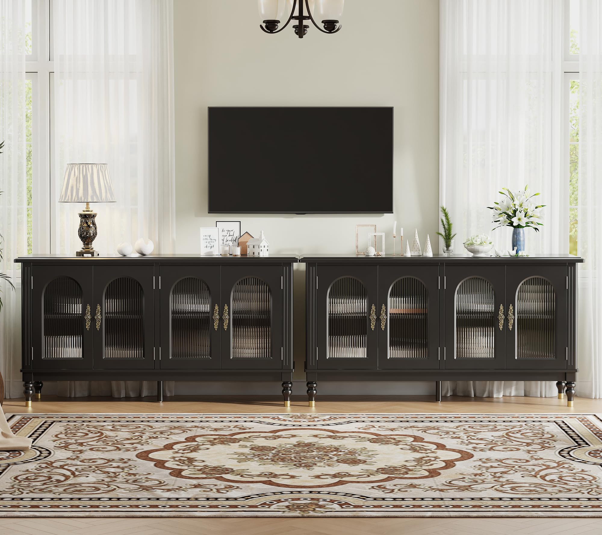 iPormis Fluted Arched Buffet Cabinet with Storage, 59" Modern Sideboard with Glass Door & Adjustable Shelves, Mid Century Modern Solid Wood Credenza Accent Cabinet for Living Room, Entryway, Black