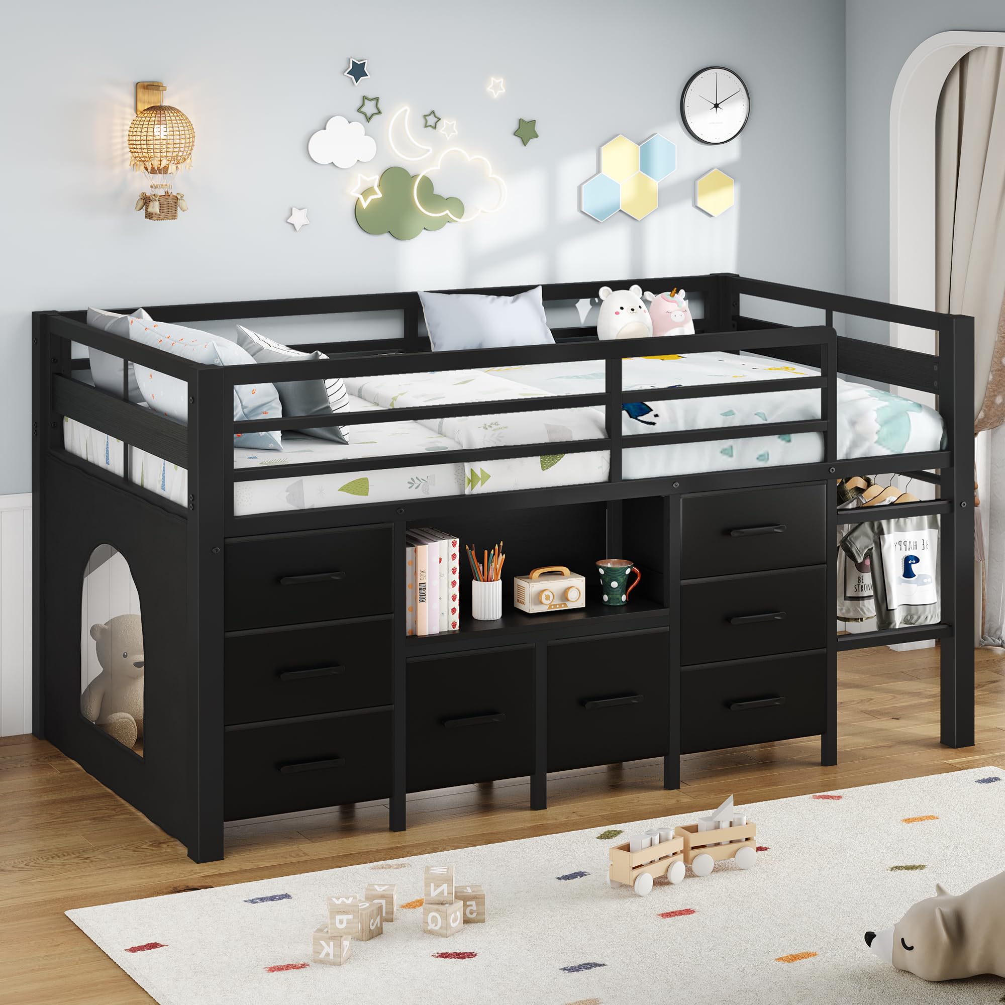 iPormis Low Loft Bed Twin Size with Bookcase, 8 Storage Drawers, Metal Kids Loft Bed with 13 Inch H Safety Guardrail, Play Curtain, Under-Bed Play Space - Pink