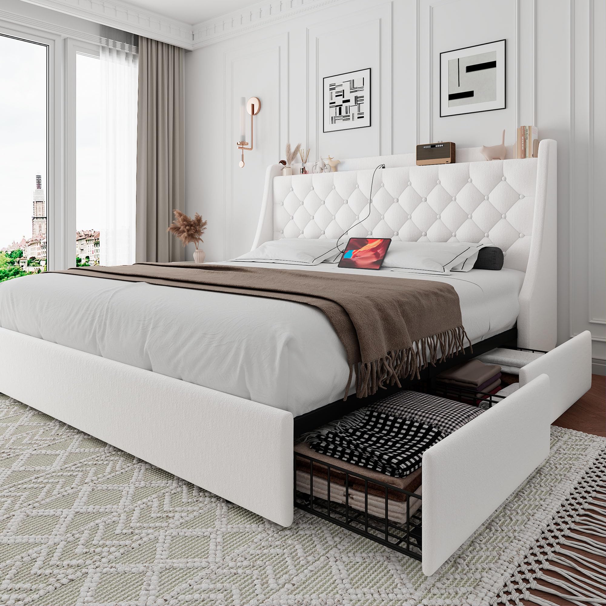 iPormis Queen Bed Frame with 4 Storage Drawers, Upholstered Platform Bed Frame with Type-C & USB Ports, Wingback Storage Headboard, Solid Wood Slats, No Box Spring Needed, Light Gray