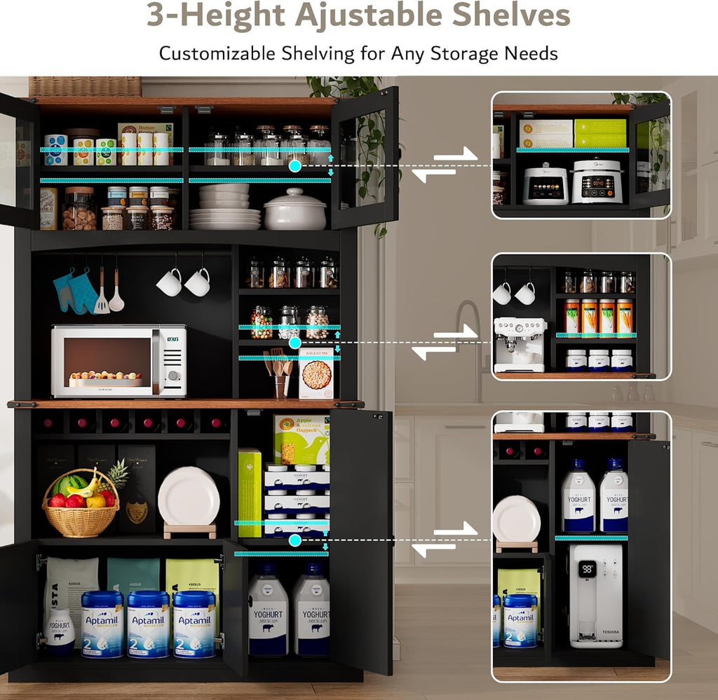 71" Tall Kitchen Pantry Storage Cabinet with Microwave Stand and Wine Rack, Farmhouse Kitchen Hutch with Adjustable Shelves and Glass Door, Coffee Bar Hutch with Charge Station and Countertop, Black