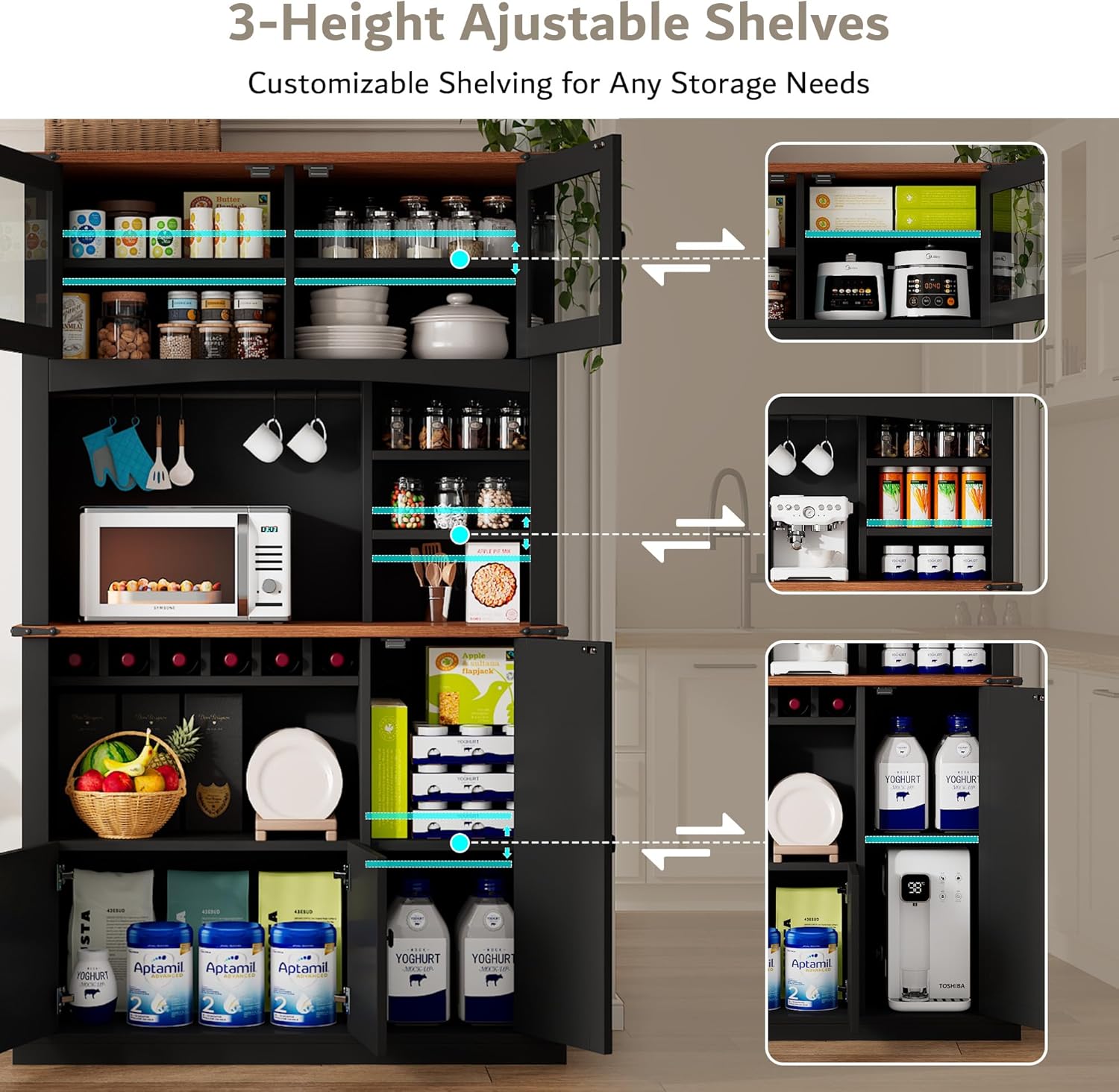 71" Tall Kitchen Pantry Storage Cabinet with Microwave Stand and Wine Rack, Farmhouse Kitchen Hutch with Adjustable Shelves and Glass Door, Coffee Bar Hutch with Charge Station and Countertop, Black