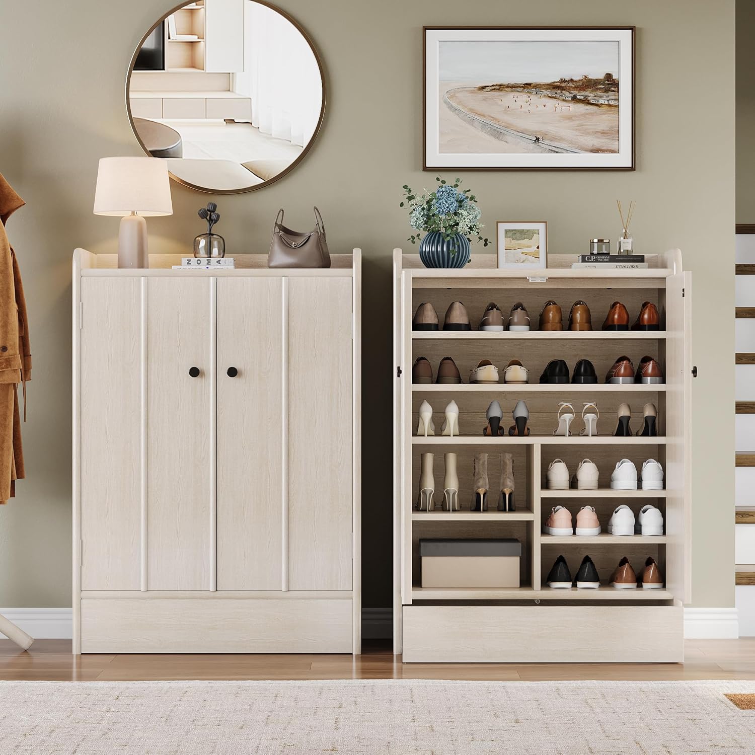 iPormis 6-Tier Shoe Cabinet with Drawer Set of 2, 47” Tall Large Shoe Storage Cabinet with Doors & Adjustable Shelves, Freestanding Wooden Shoe Rack Organizer Cabinet for Entryway Hallway, Natural