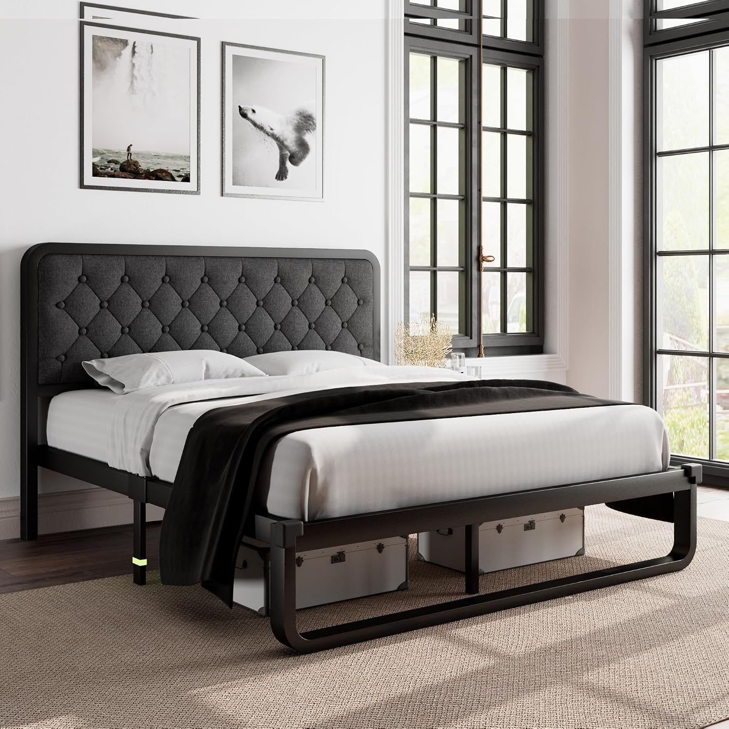 Feonase Full Size Bed Frame, Upholstered Bed Frame with Heavy-Duty Metal Steel Slats, Diamond Linen Headboard, 12" Storage Space, No Box Spring Needed, Noise Free, Easy Assembly, Dark Gray
