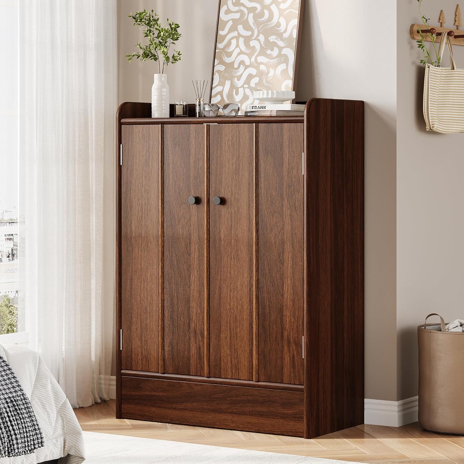 iPormis 6-Tier Shoe Cabinet with Drawer, 47” Tall Large Shoe Storage Cabinet with Doors & Adjustable Shelves, Freestanding Wooden Shoe Rack Organizer Cabinet for Entryway Hallway, Walnut Brown