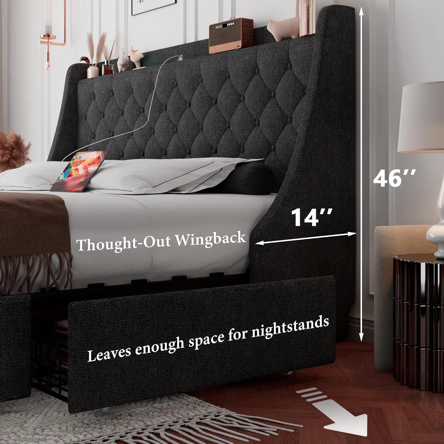 iPormis Queen Bed Frame with 4 Storage Drawers, Upholstered Platform Bed Frame with Type-C & USB Ports, Wingback Storage Headboard, Solid Wood Slats, No Box Spring Needed, Dark Gray