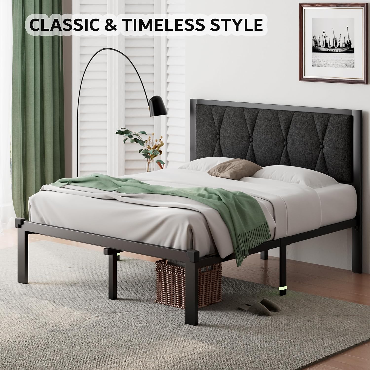 iPormis Queen Metal Bed Frame, Linen Button Tufted Headboard Platform Bed, Heavy Duty Slats Support, 12" Under Bed Storage, No Box Spring Needed, Easy Assembly, Dark Gray