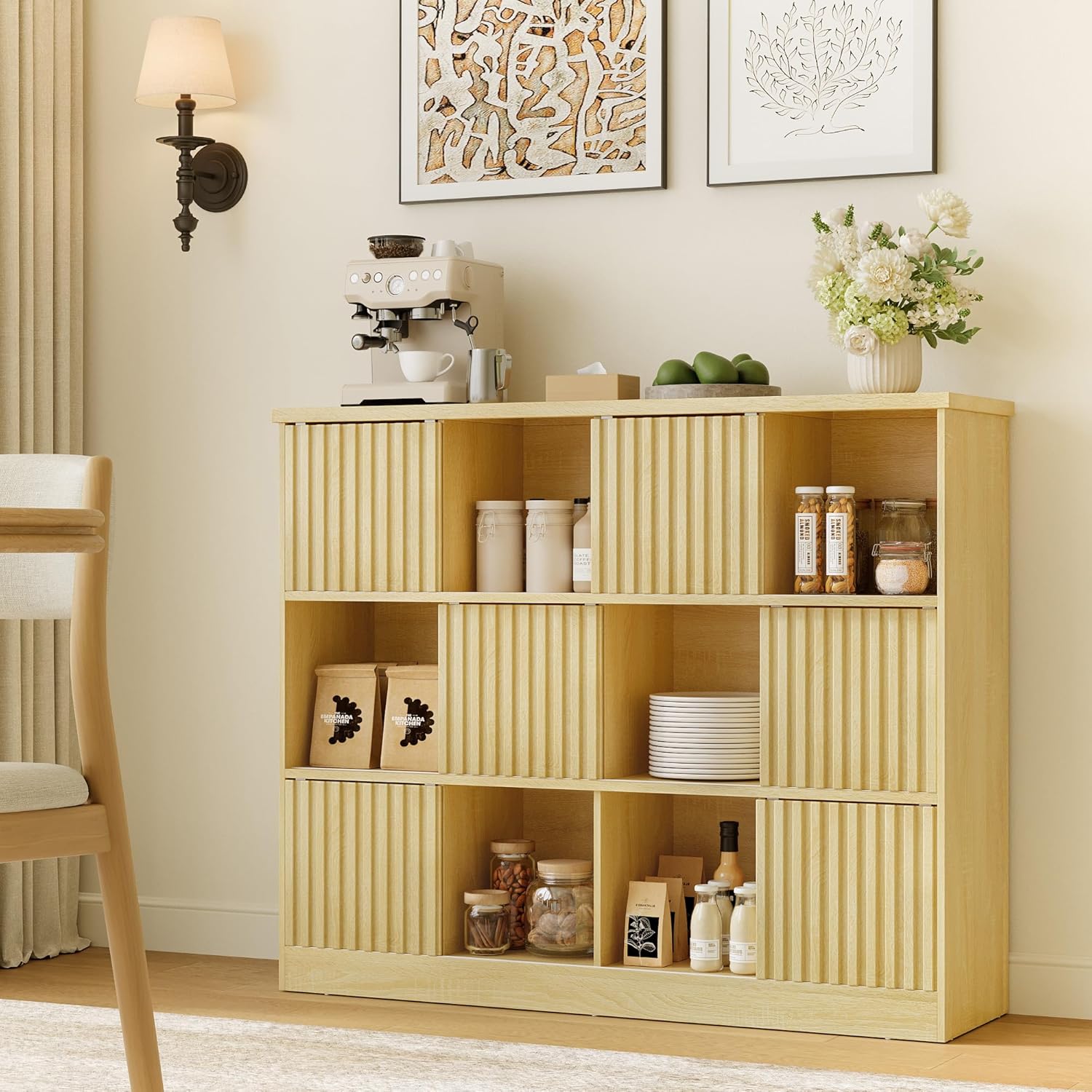 iPormis 12 cube storage organizer with 6 fluted sliding doors in oak finish, showcasing stylish and functional design.
