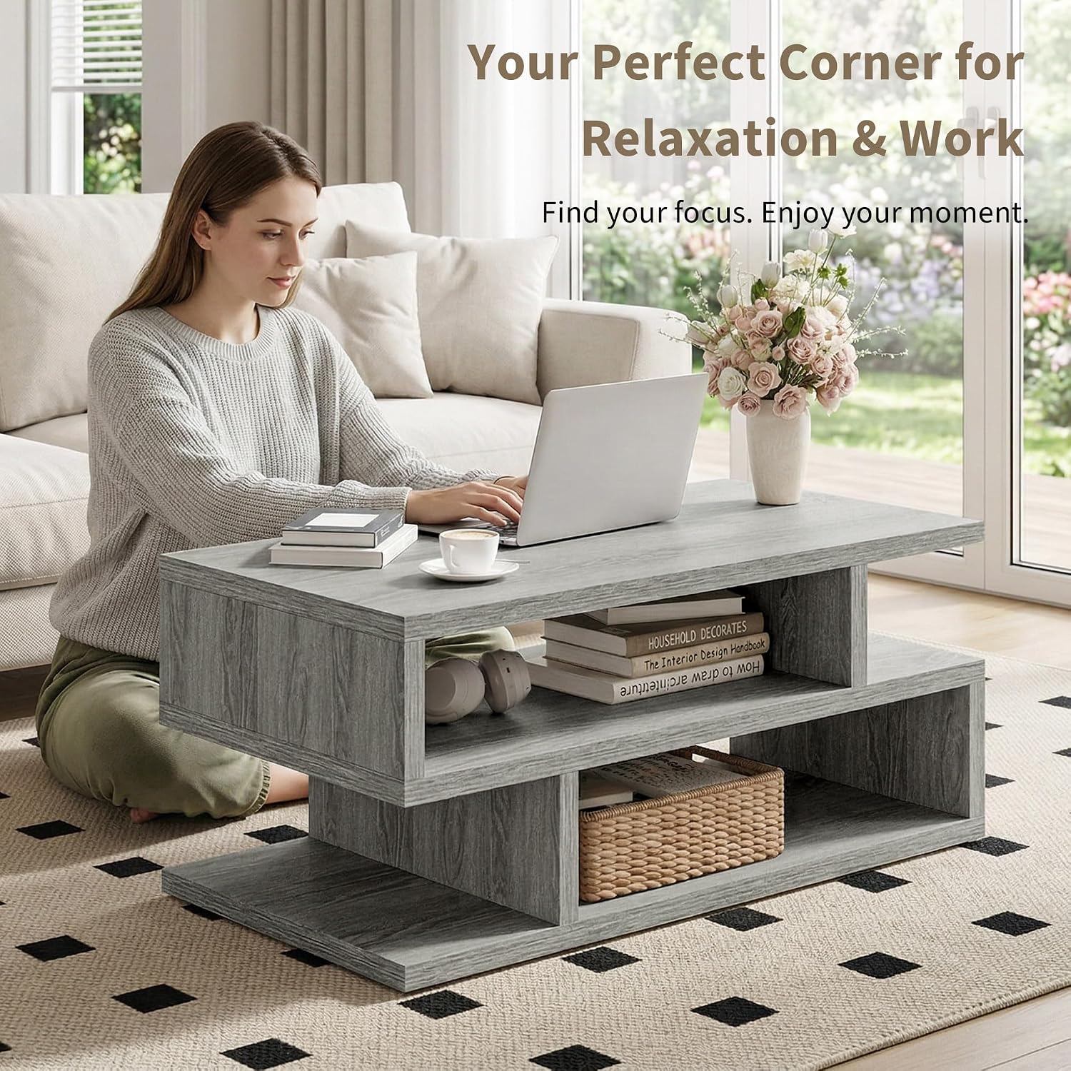 iPormis 41.3" Coffee Table with 3-Tier Storage Space, Modern Coffee Table with Geometric Design for Living Room, Apartment, Home Office, Easy Assembly, Elegant Grey