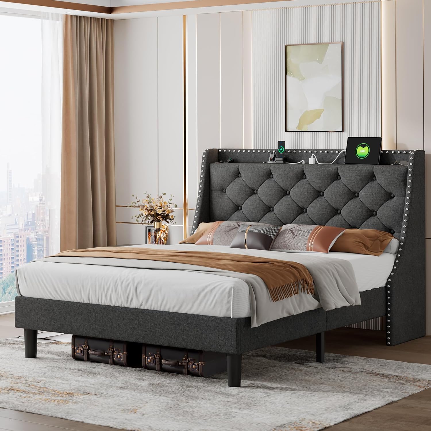 iPormis Queen Bed Frame with 16" Comfort Wingback & Charging Station, Upholstered Platform Bed with Button Tufted Storage Headboard, Solid Wood Slats Support, No Box Spring Needed, Dark Grey