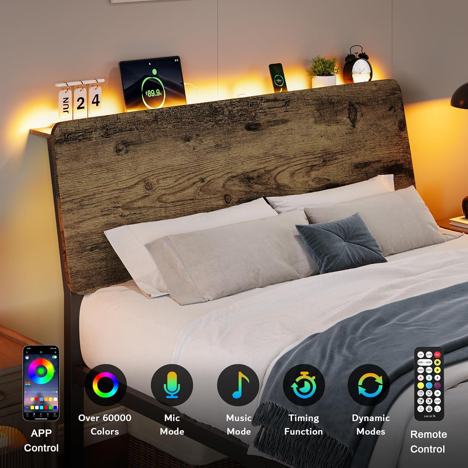 iPormis Queen Metal Bed Frame with LED Lights & Charging Station, Platform Bed with Ergonomic Storage Headboard, Steel Slats Supports, No Box Spring Needed, Noise-Free, Easy Assembly, Rustic