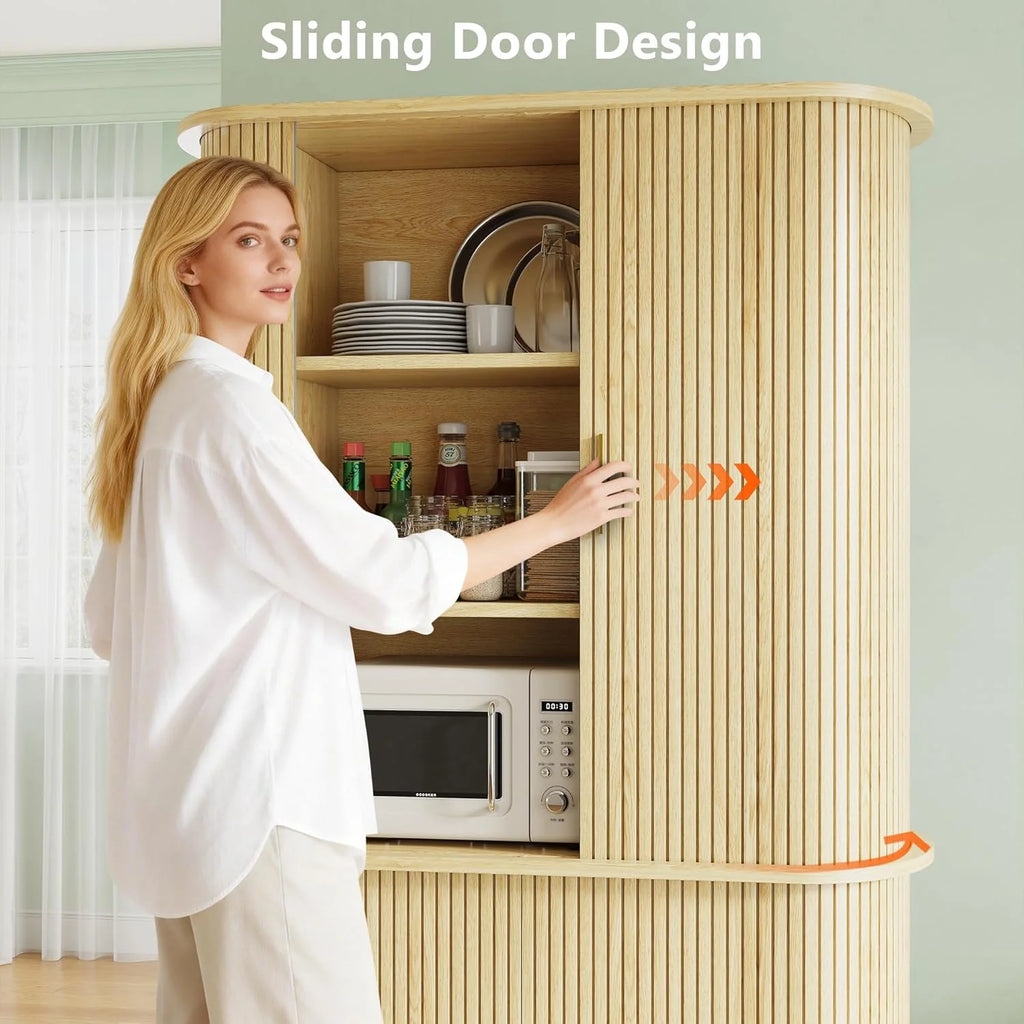 iPormis 64" Kitchen Pantry with Sliding Doors, Tall Farmhouse Curved Pantry Storage Cabinets with Drawer & Pull Out Shelves