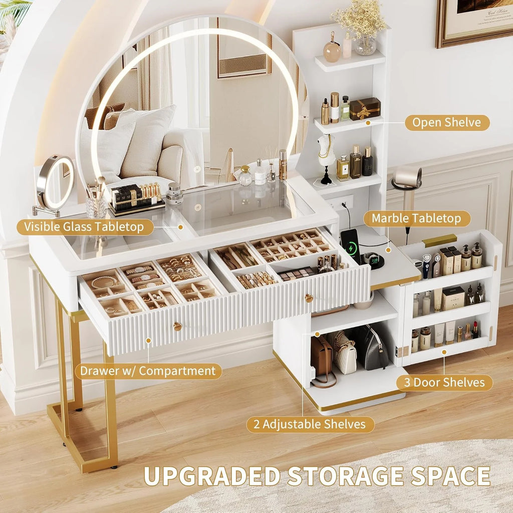 iPormis Makeup Vanity Desk with Round Mirror and Lights, 5x Magnifying Makeup Mirror, Dressing Table w/Power Outlets, Doorshelves & Adjustable Storage