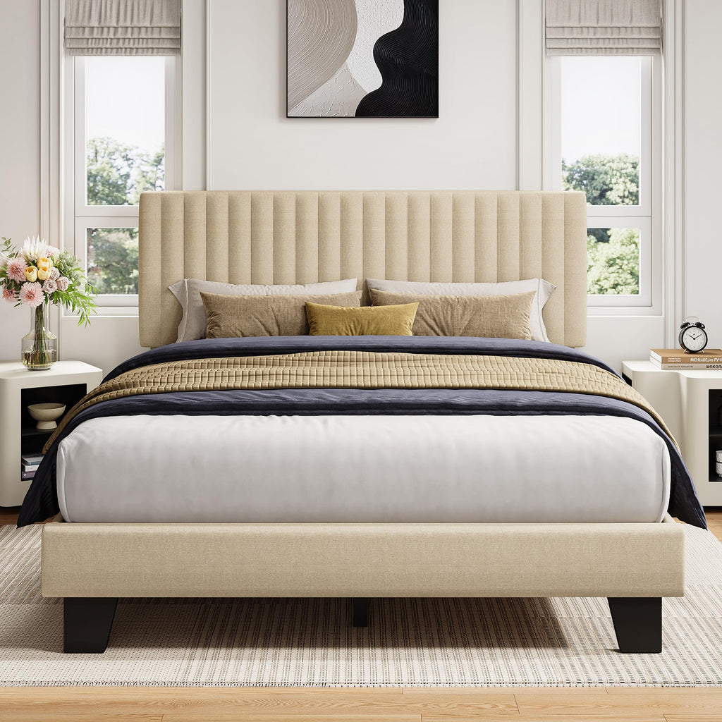 iPormis Full Size Bed Frame, Upholstered Platform Bed with Vertical Linen Headboard, Wide Bed Legs and Strong Wood Slats Support, No Box Spring Needed, Easy Assembly, Noise Free, Black