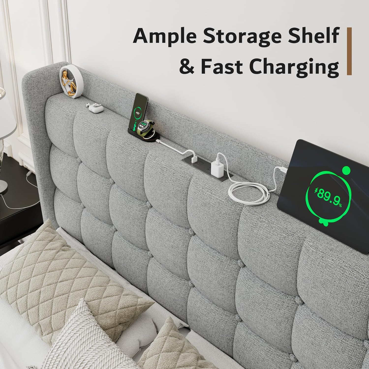 iPormis Queen Bed Frame with Charging & Storage, Upholstered Platform Bed with Button Tufted Wingback Headboard, Heavy-Duty Foundation, No Box Spring Needed, Light Grey